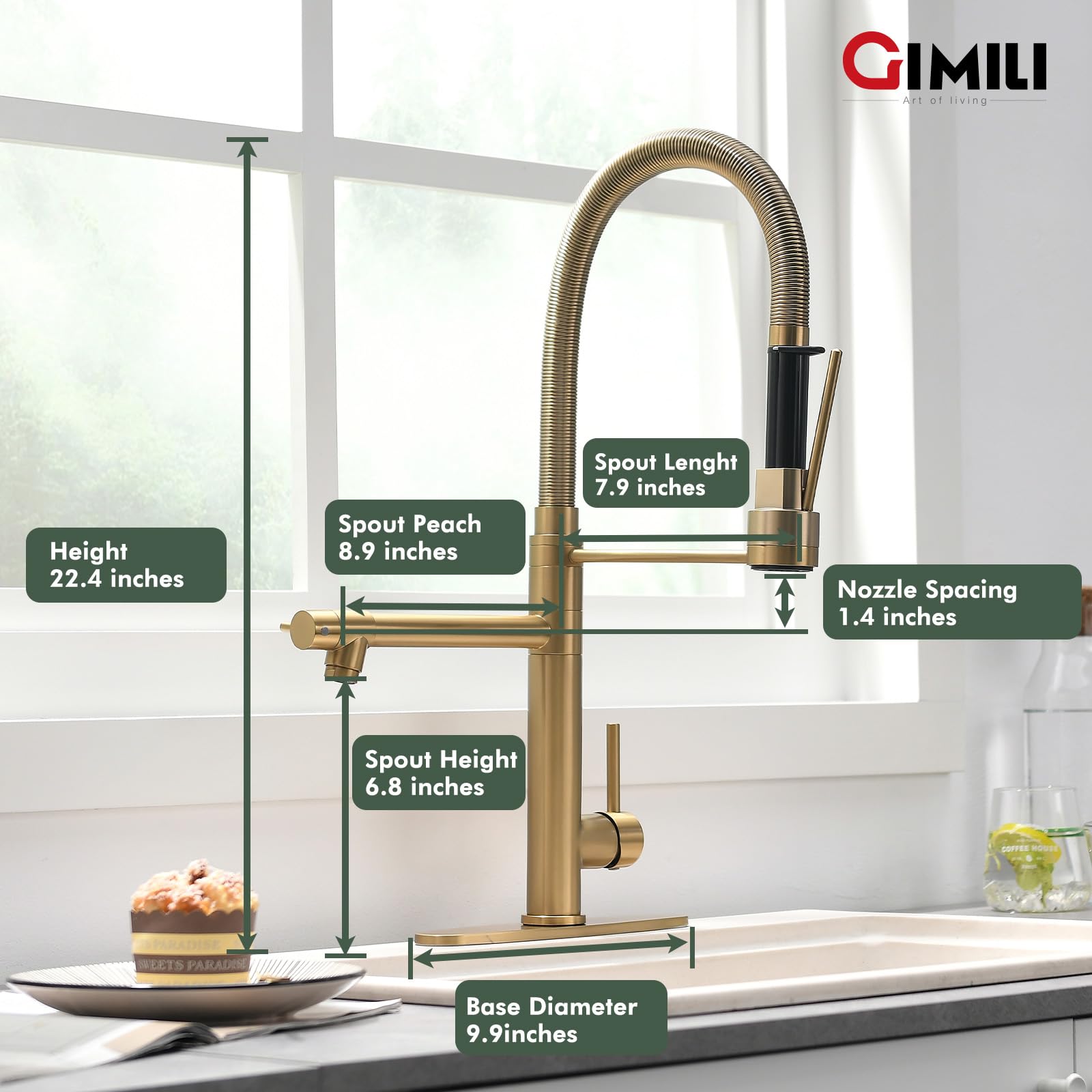 Gimili Brushed Gold Kitchen Faucet With Pull Down Sprayer Commercial Kitchen Faucet Double-Headed Single Handle Spring Stainless