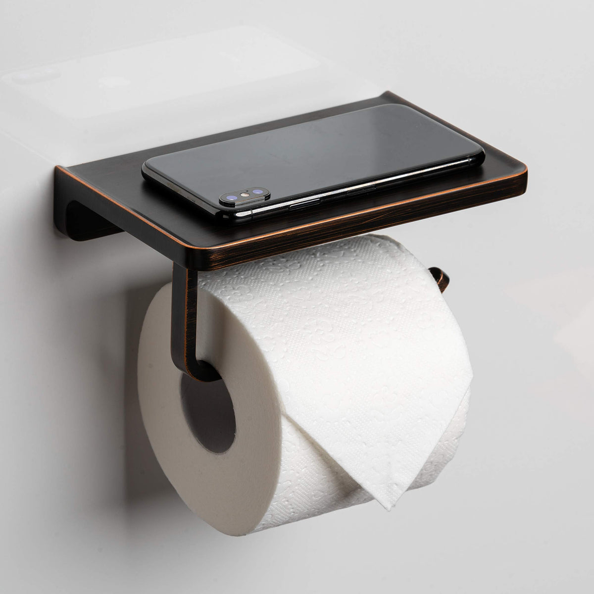Linkaa Toilet Paper Holder With Shelf Oil Rub Bronze,Wall Mount Bathroom Decor Phone Holder,Rust-Proof Aluminum Matte Finish,Bat