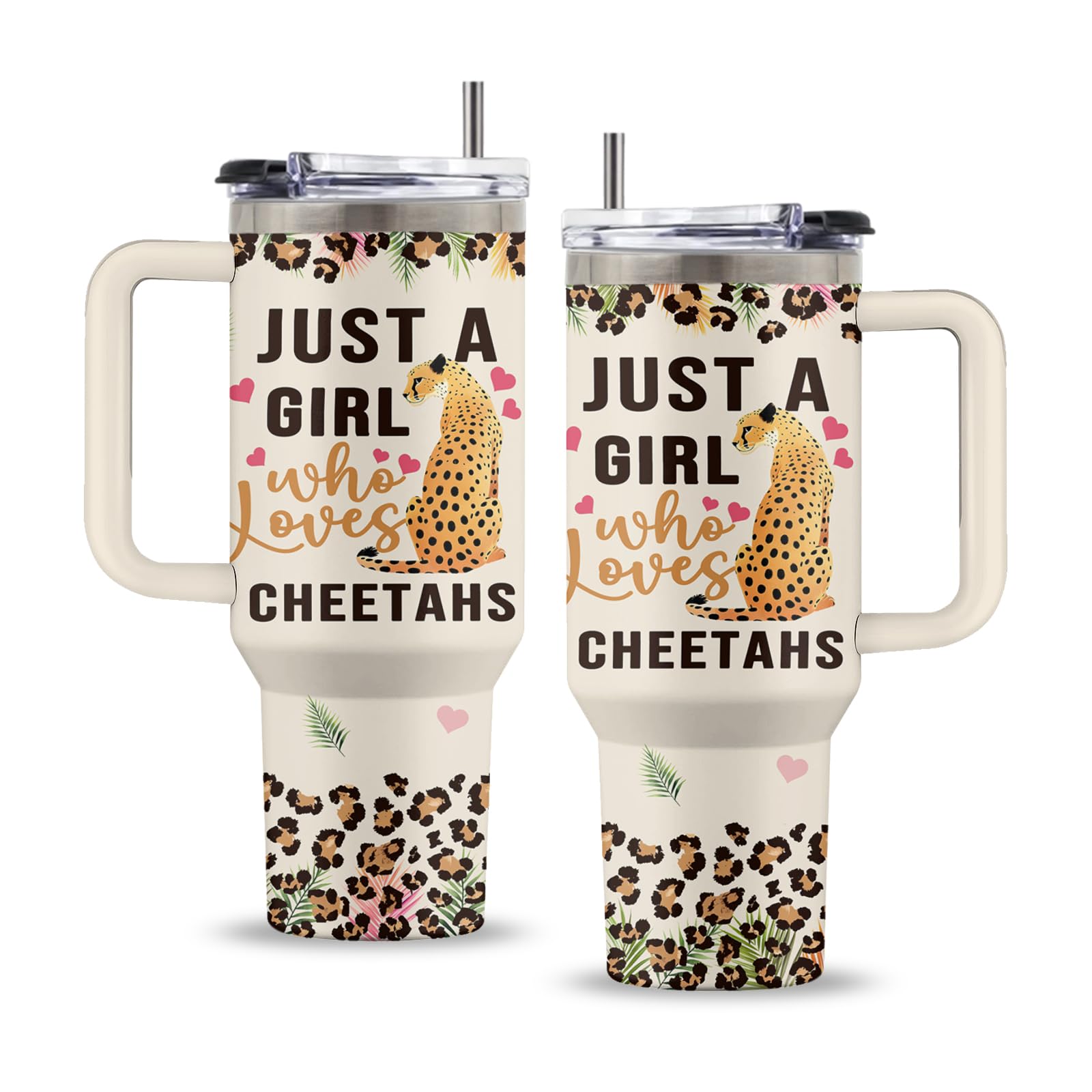 Uibunoo Cheetah 40oz Tumbler, with Handle Straw, Stainless Steel Sport Cup