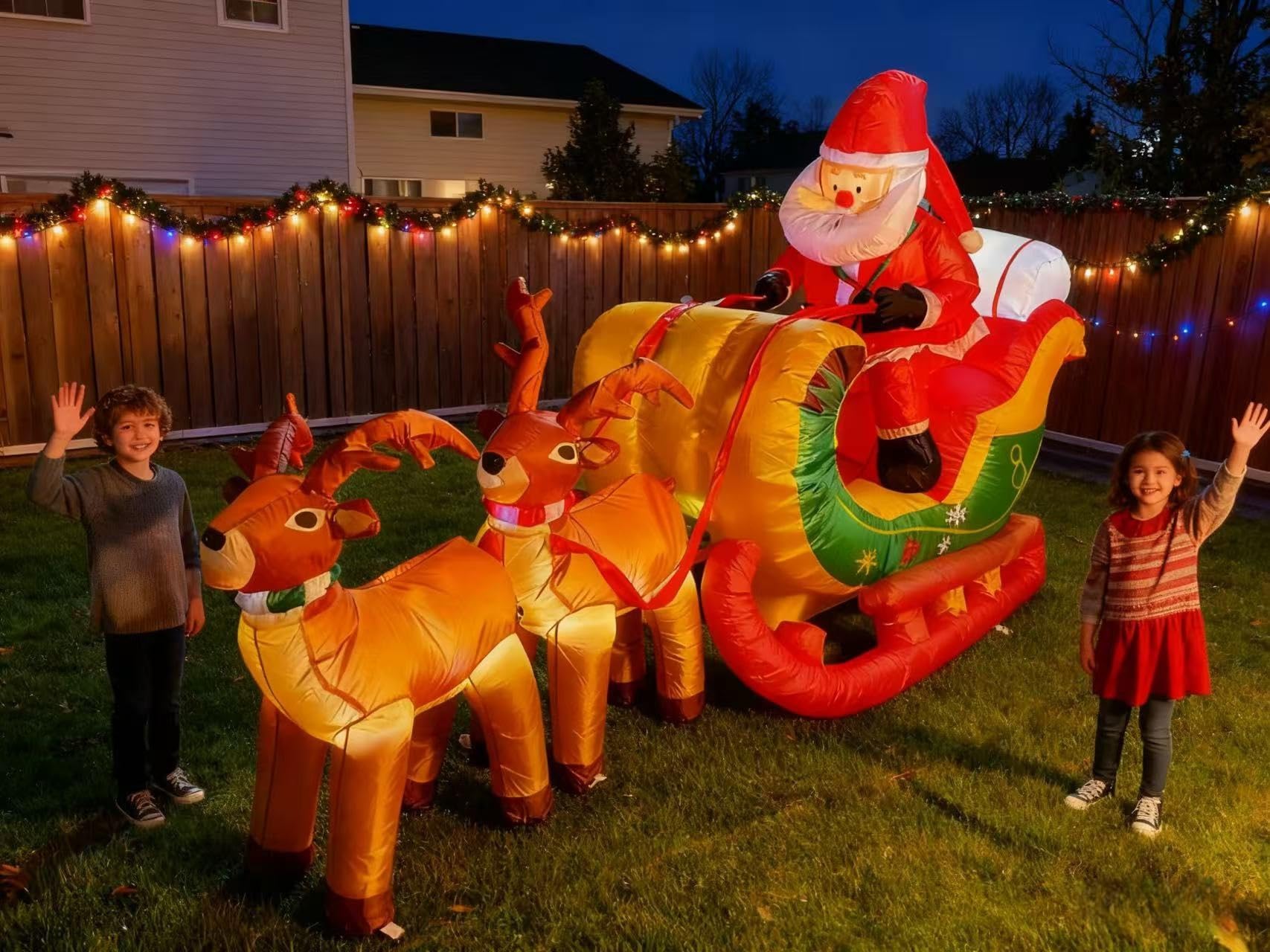 8 FT Christmas Inflatables Santa Claus in Sleigh with Two Reindeer Outdoor Decorations Blow Up Yard Santa Claus with Built-in LE