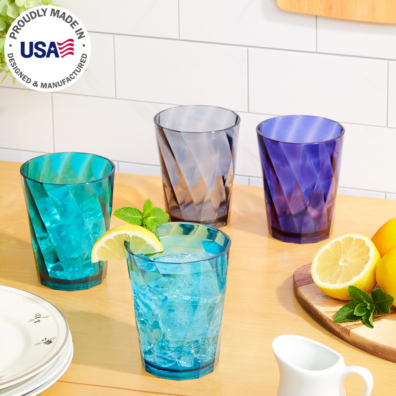 Us Acrylic Optix Plastic Reusable Drinking Glasses (Set Of 8) 14Oz Rocks Cups In Coastal Colors | Bpa-Free Tumblers, Made In Usa