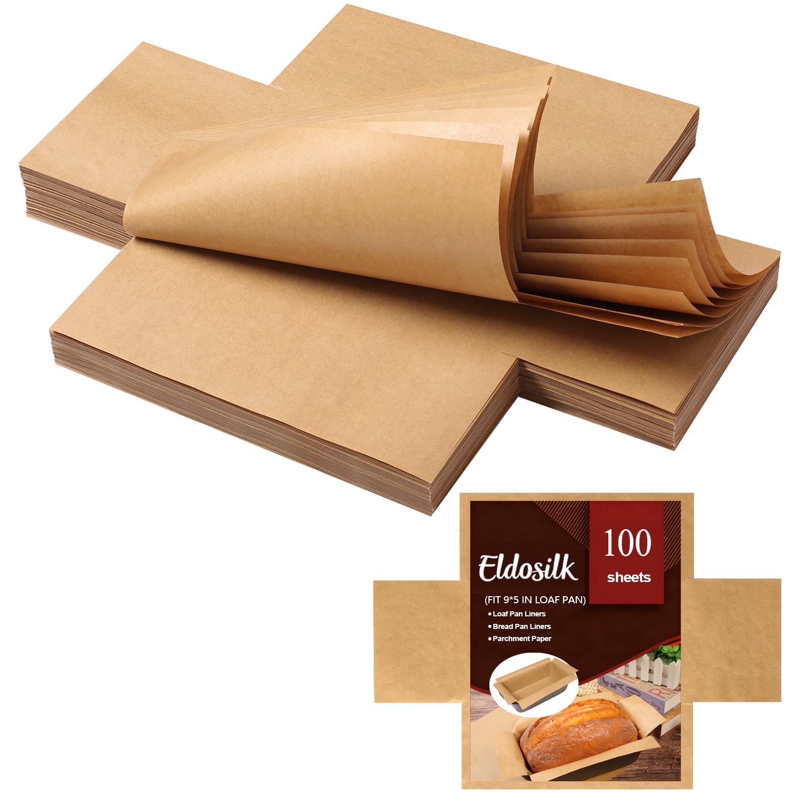 Eldosilk Unbleached Parchment Paper Loaf Pan Liner  Precut 9x5 NonStick, Fits 8.5x4.5/10x5 Loaf Pans, 