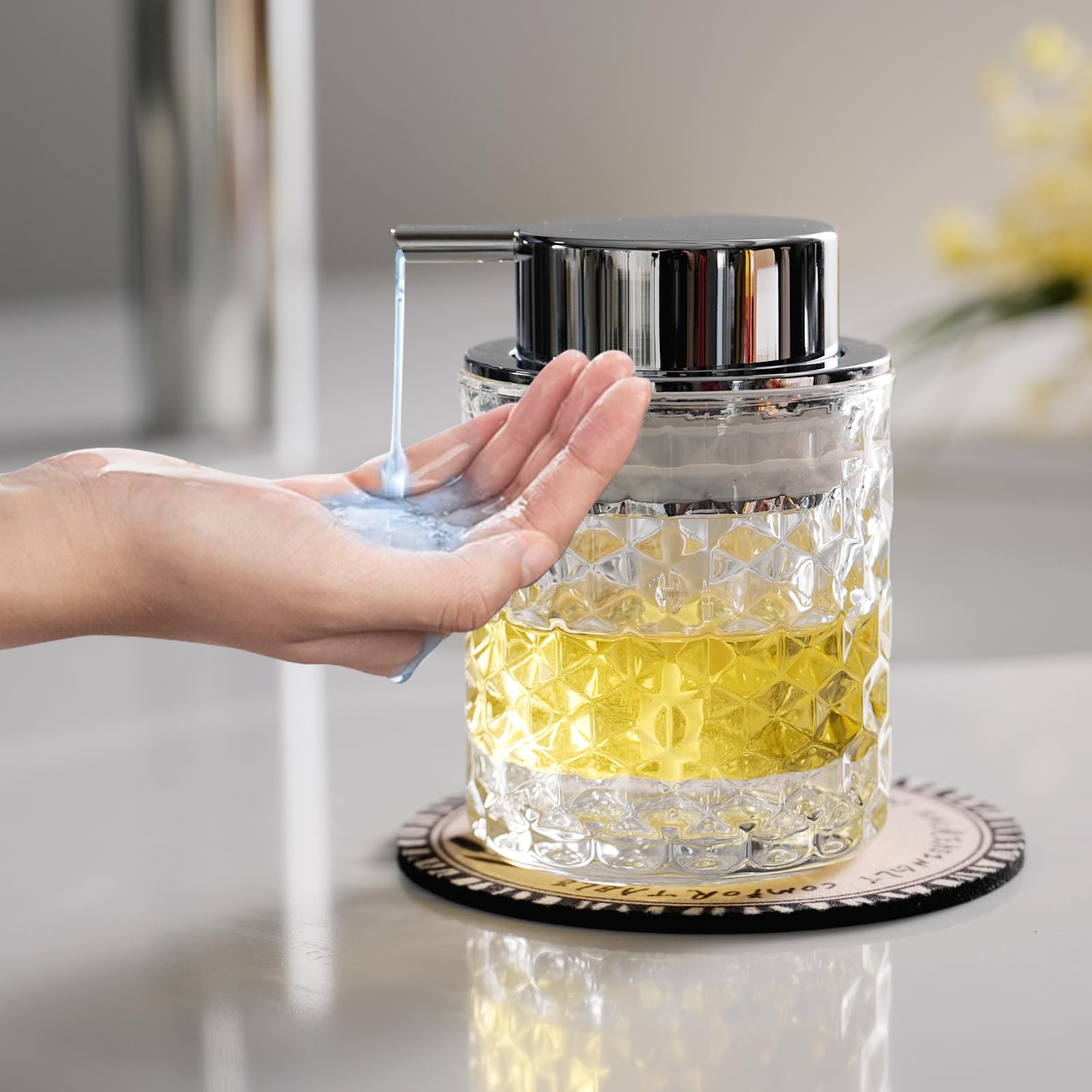 Cicufy Hand Soap Dispenser Glass, Refillable Liquid Dispenser For Bathroom & Kitchen,Lotion Dispenser With Large Silver Pump(Dia