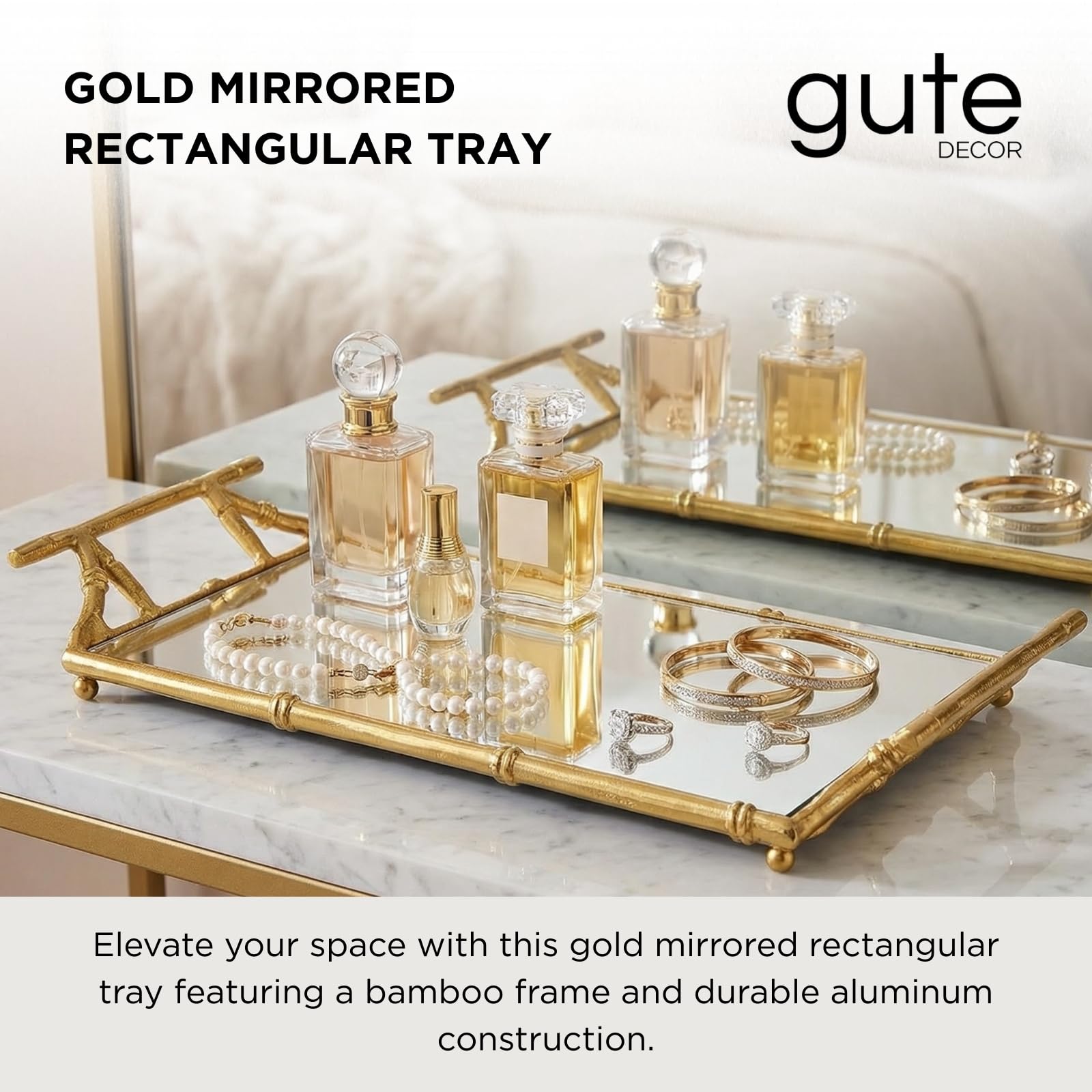 Gold Mirrored Decorative Tray, 20" Large Rectangular Aluminum Bamboo Frame