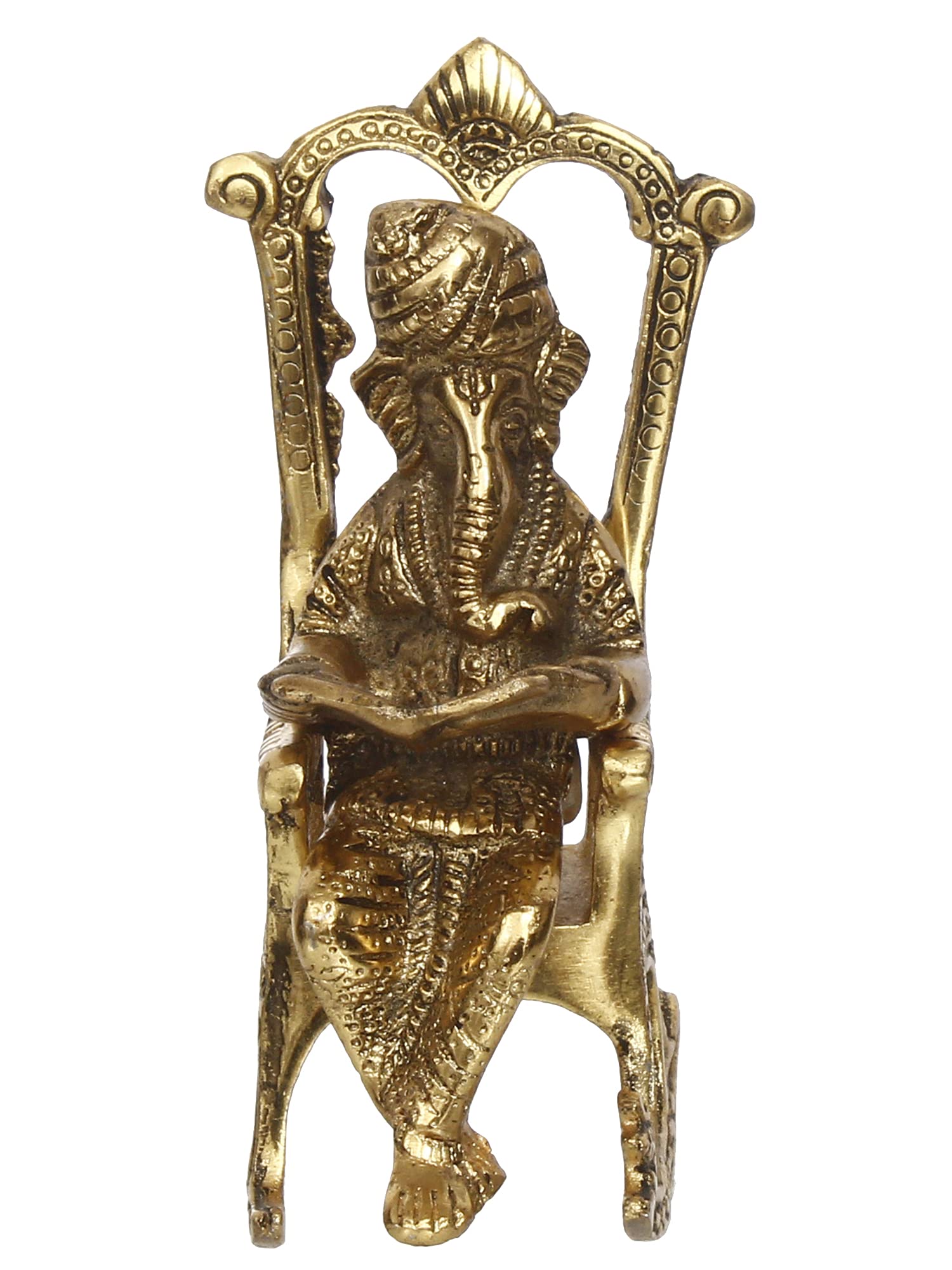 Ecraftindia Golden Metal Lord Ganesha Idol Reading Book On Rocking Chair - Decorative Hindu God Statue For Home Decor - Gift For