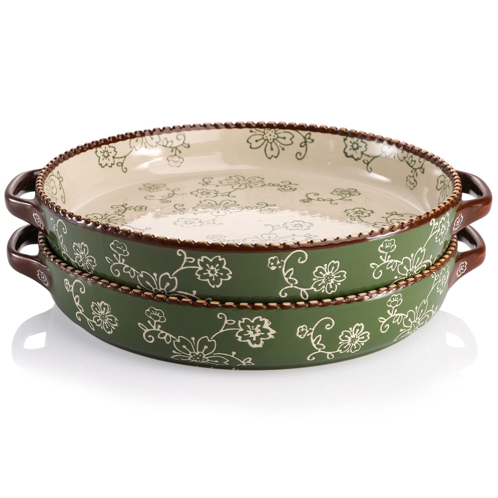 AVLA 2 Pack Ceramic Pie Pan, 9 Inch Round Baking Dish with Double Handle, 28 Ounce Deep Quiche Plates for Kitchen, Cooking, Roas