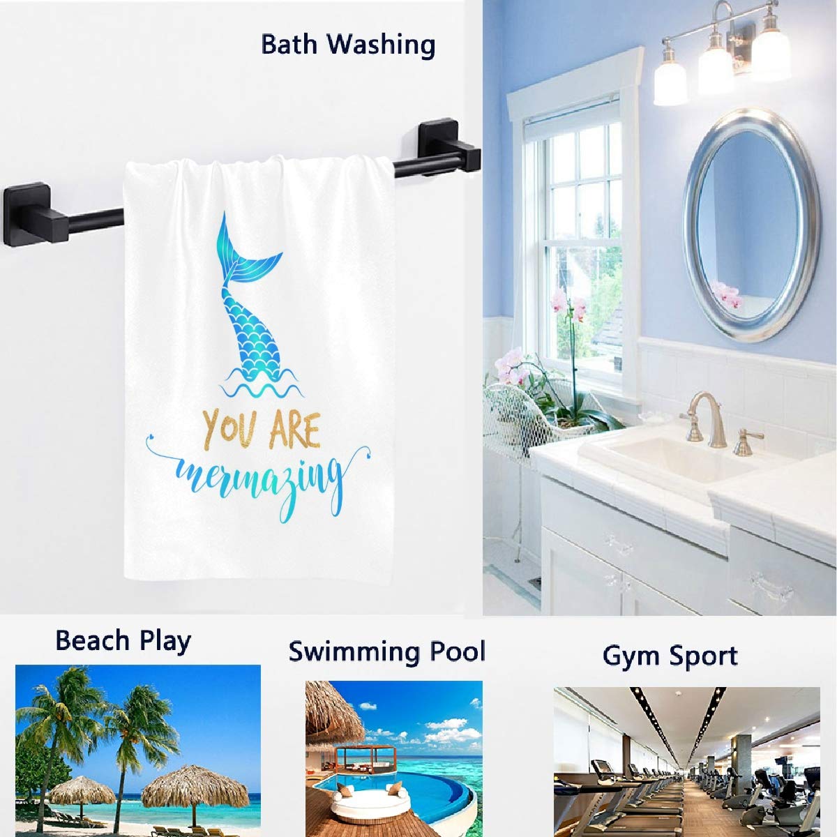 Naanle 3D Beautiful Mermaid Tail Print Soft Guest Hand Towels For Bathroom, Hotel, Gym And Spa (16 X 30 Inches,Blue White)