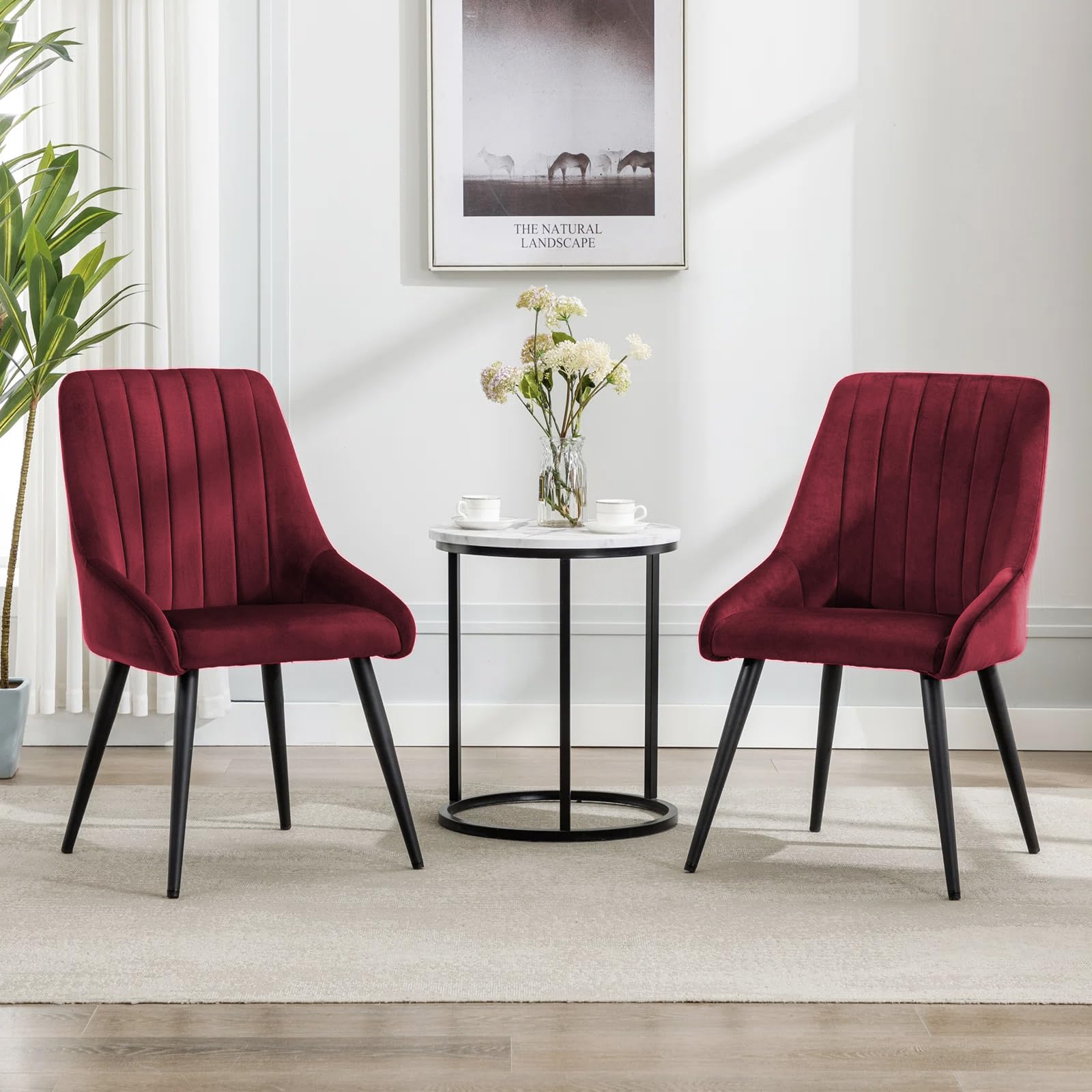 Finch Fox Morris Velvet Dining Chair For Living Room, Bedroom, Home Office With Black Metal Legs In Maroon Color (Set Of 2)