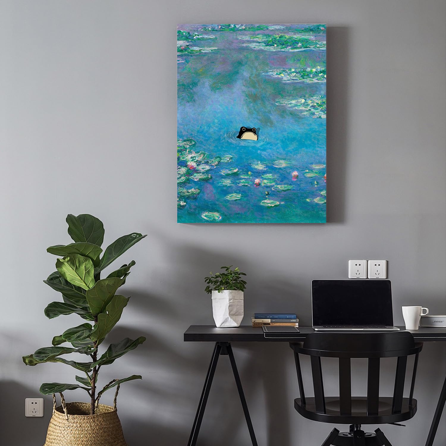 Roslynity Gallery Wall Art (Monet Waterlily Japanese Frog, 12''X16'' Framed)