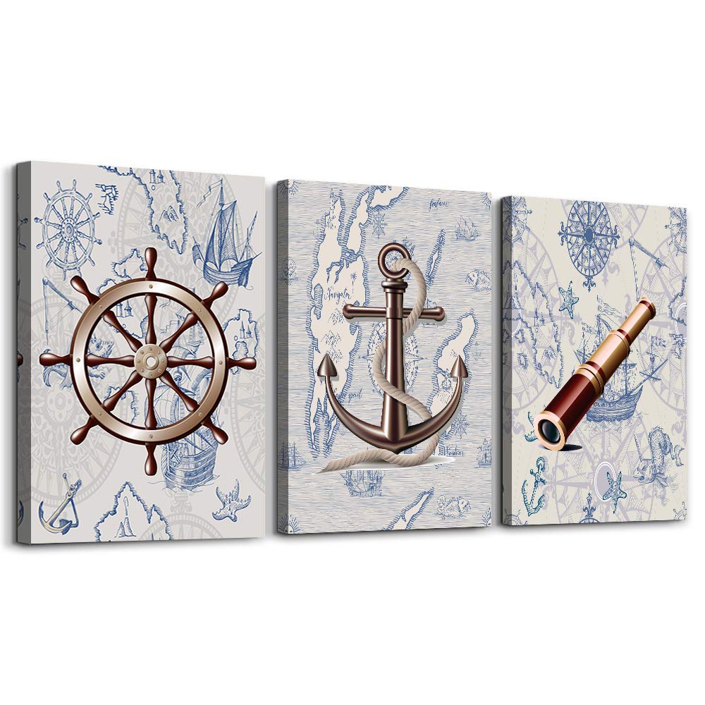 Ocean Theme Steering Wheel Telescope Ship Pendant Canvas Prints Bathroom Wall Art For Bedroom Wall Decor Artworks Pictures Wall