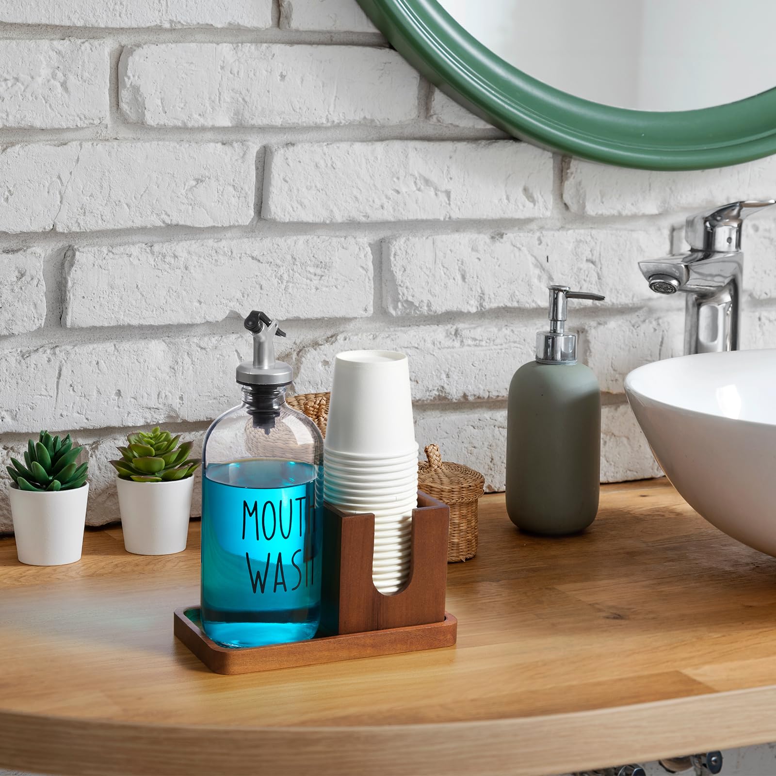 Mouthwash Dispenser For Bathroom, 16 Oz Glass Mouthwash Dispenser With Pour Spout And Acacia Wood Cup Holder And Tray, Mouth Was