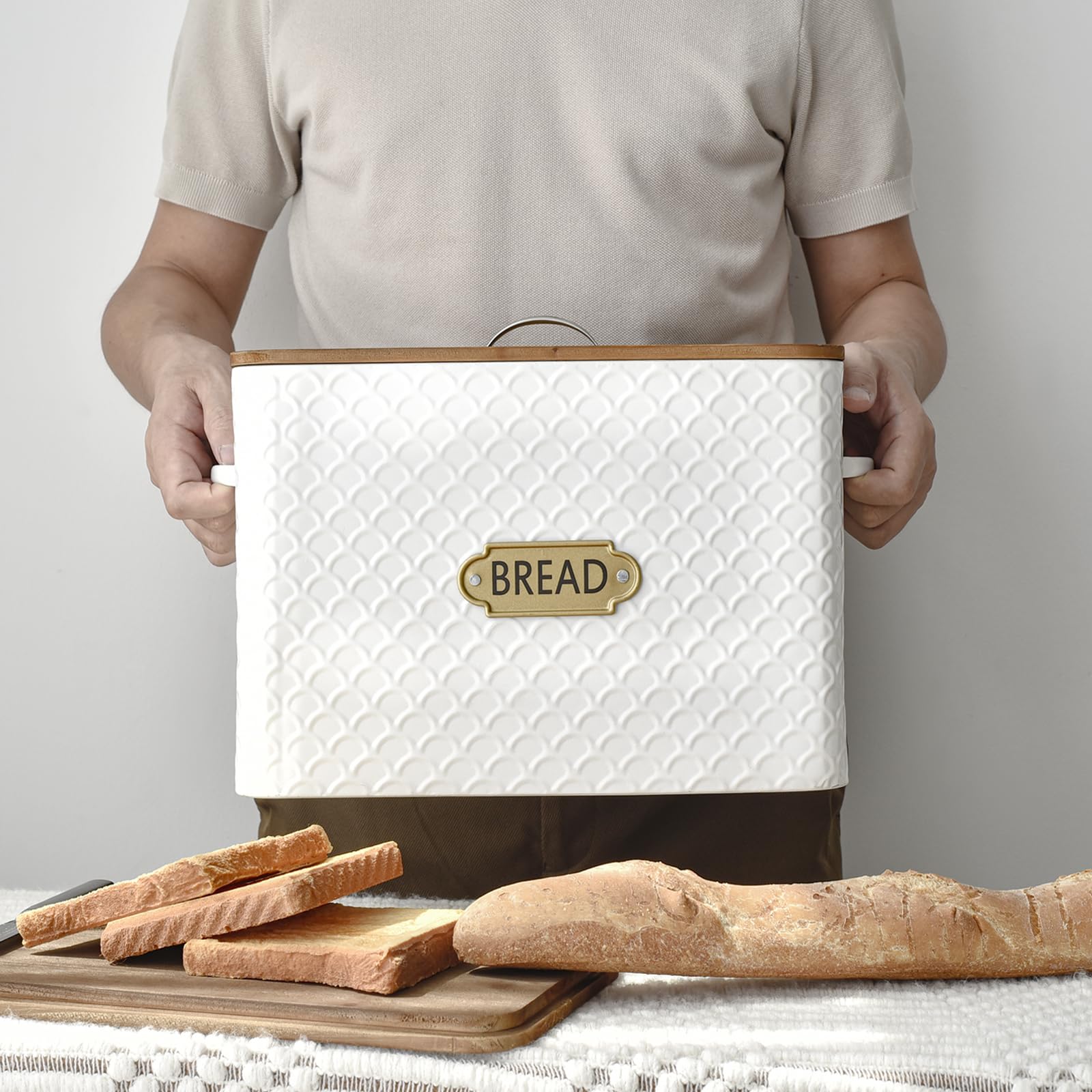 Emax Home Extra Large Space Saving Farmhouse Bread Box With Wood Lid - Holds 2 Loaves - Vertical Breadbox Bread Storage Bin Hold
