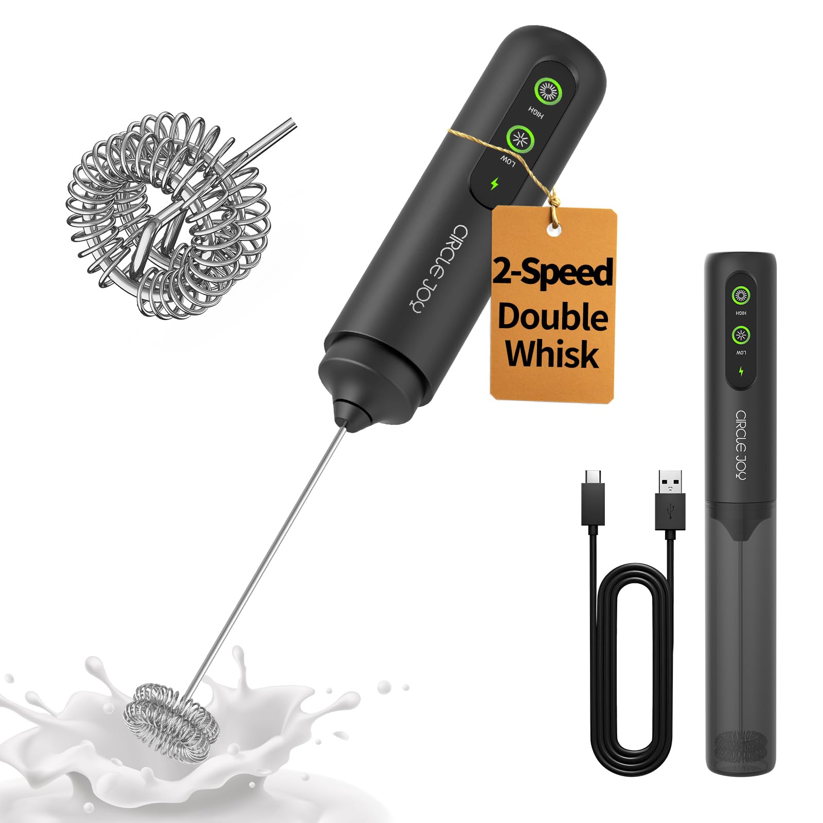 CIRCLE JOY 2-Speed Rechargeable Milk Frother Hanheld, Dual Coil Whisk Head Electric Coffee Frother, Portable Hand Frother Wand D
