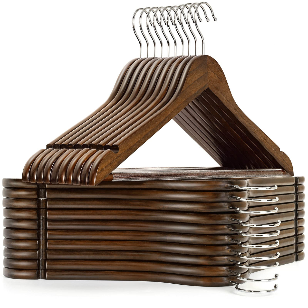 Amber Home Solid Wood Suit Coat Hangers 30 Pack, Smooth Retro Finish Wooden Dress Hangers With Non Slip Pant Bar, Clothes Hanger