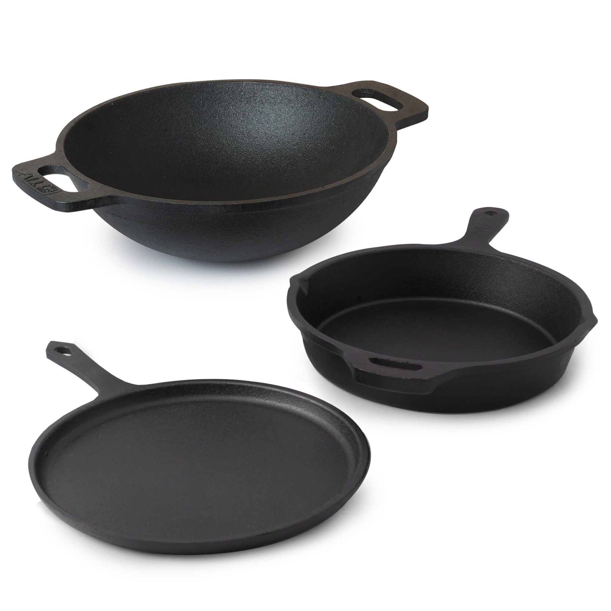 The Indus Valley Pre-Seasoned Cast Iron Cookware Set | Tawa (25.7 Cm) + Kadai (25.6 Cm/2.4L) + Fry Pan (25 Cm/1.6L) | Kitchen Co