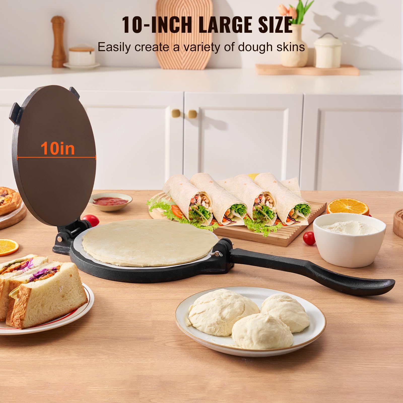 Vevor Tortilla Press, 10 Inch Tortilla And Roti Maker, Cast Iron Heavy Duty Tortilladora Press, Pre-Seasoned Pataconera Maker Wi