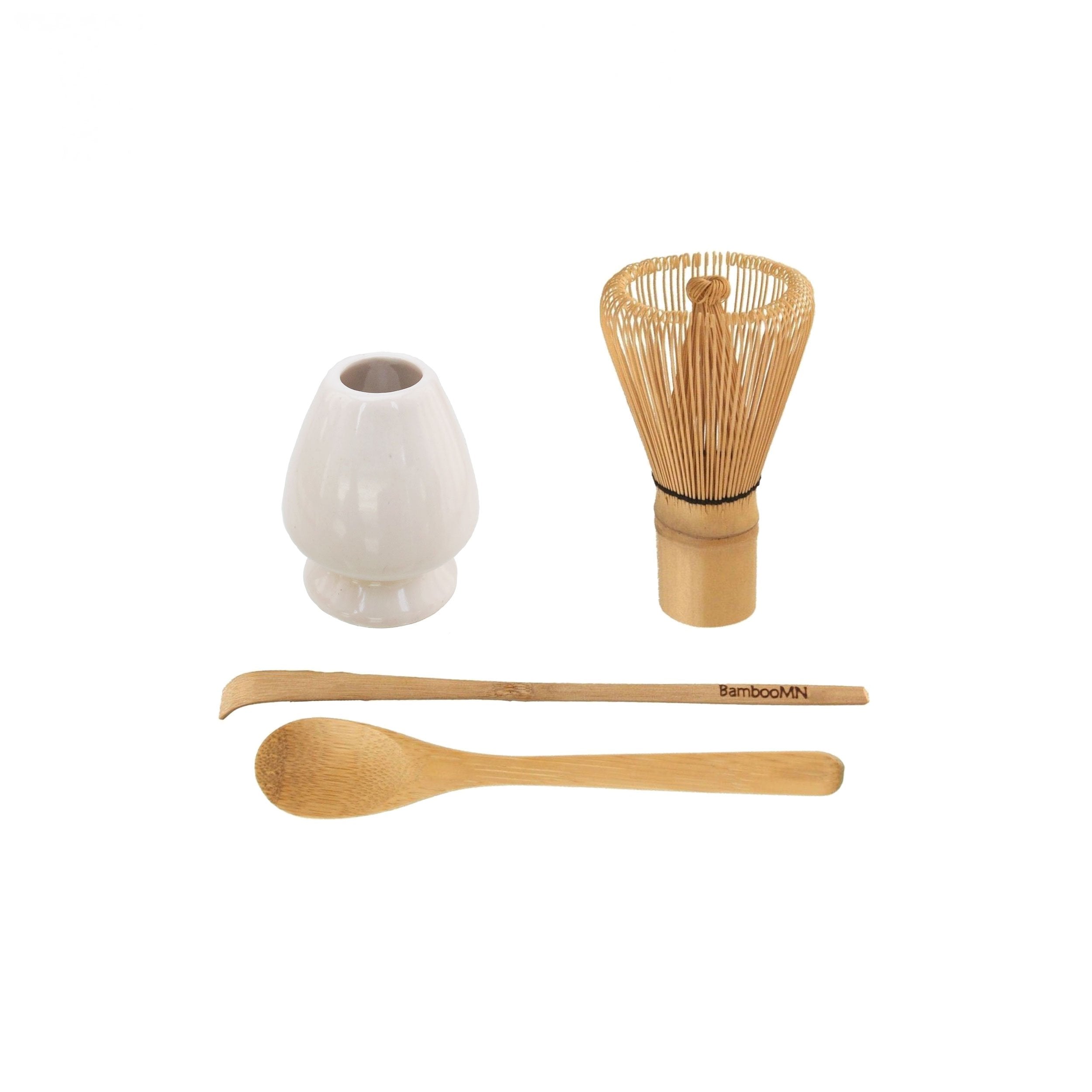 Bamboomn Brand - Matcha Green Tea Whisk Set - Whisk + Scoop + Tea Spoon + White Whisk Holder