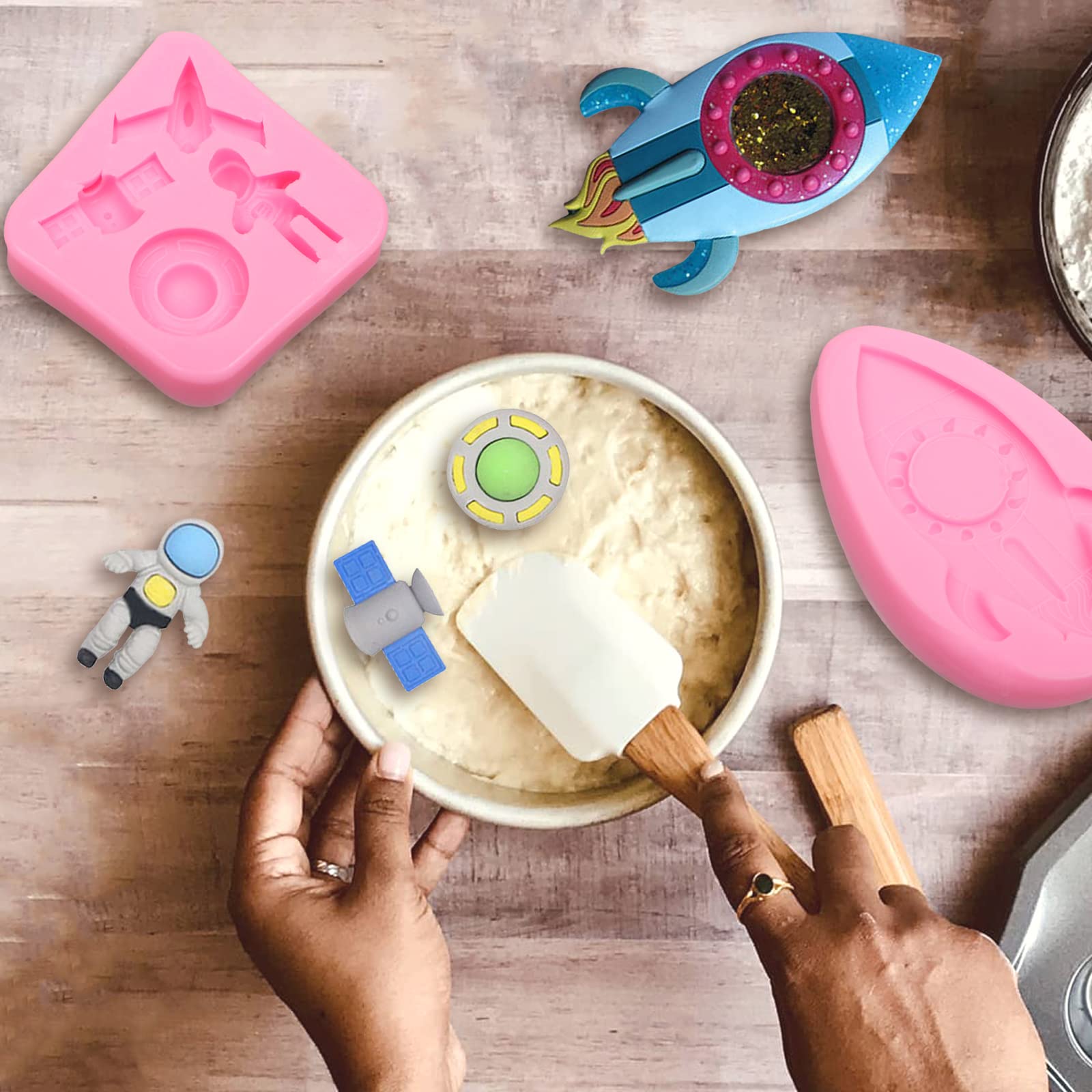 Space Theme Molds 3 Pcs, Spaceship Astronauts Rockets Chocolate Silicone Mold Spacecraft Airplane Cloud Cake Fondant Mold For Ca