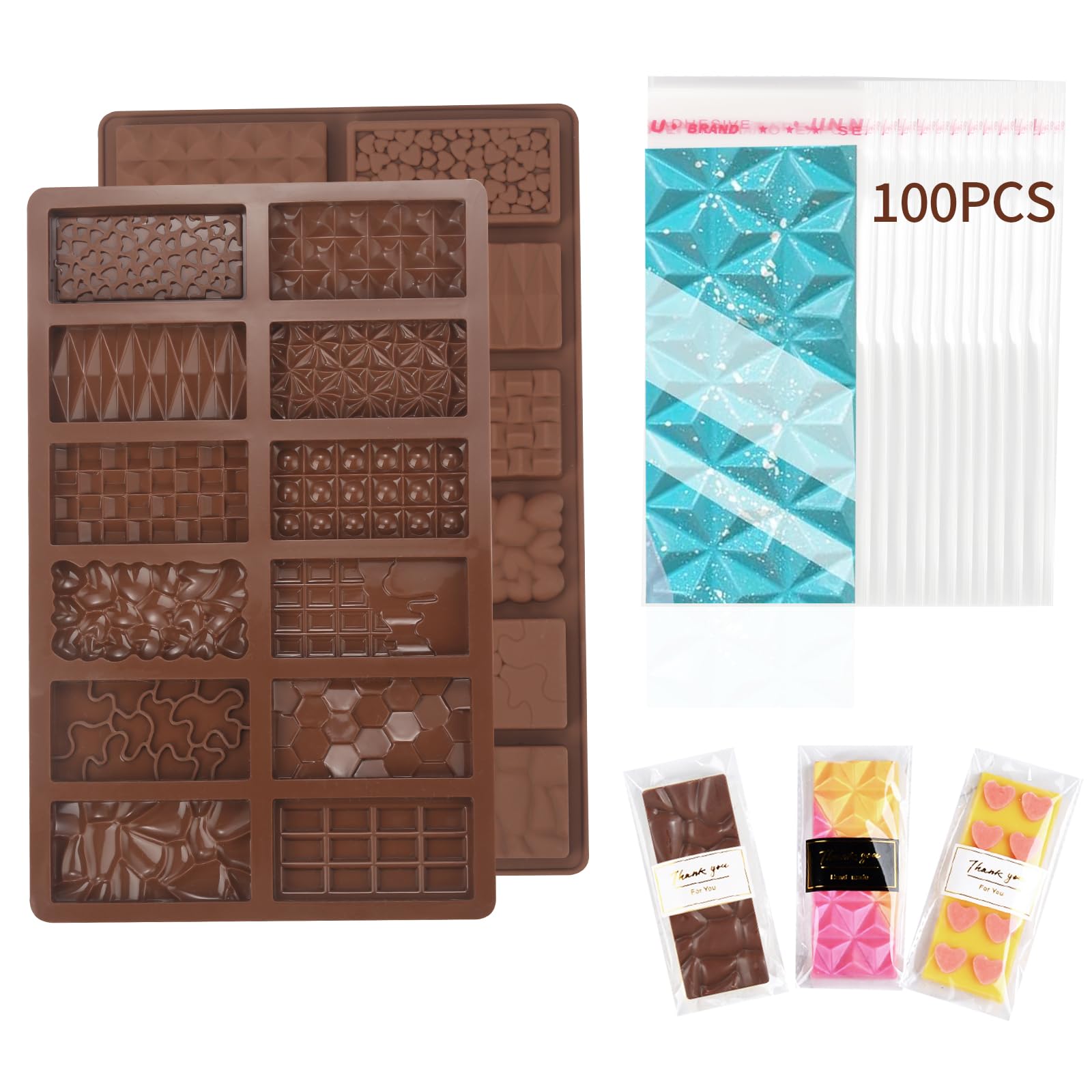 DOCMON Chocolate Molds, 2Pcs Mini Silicone Chocolate Bar Mold with 100Pcs Bags, Break Apart Nonstick Small Chocolate Candy Bar 