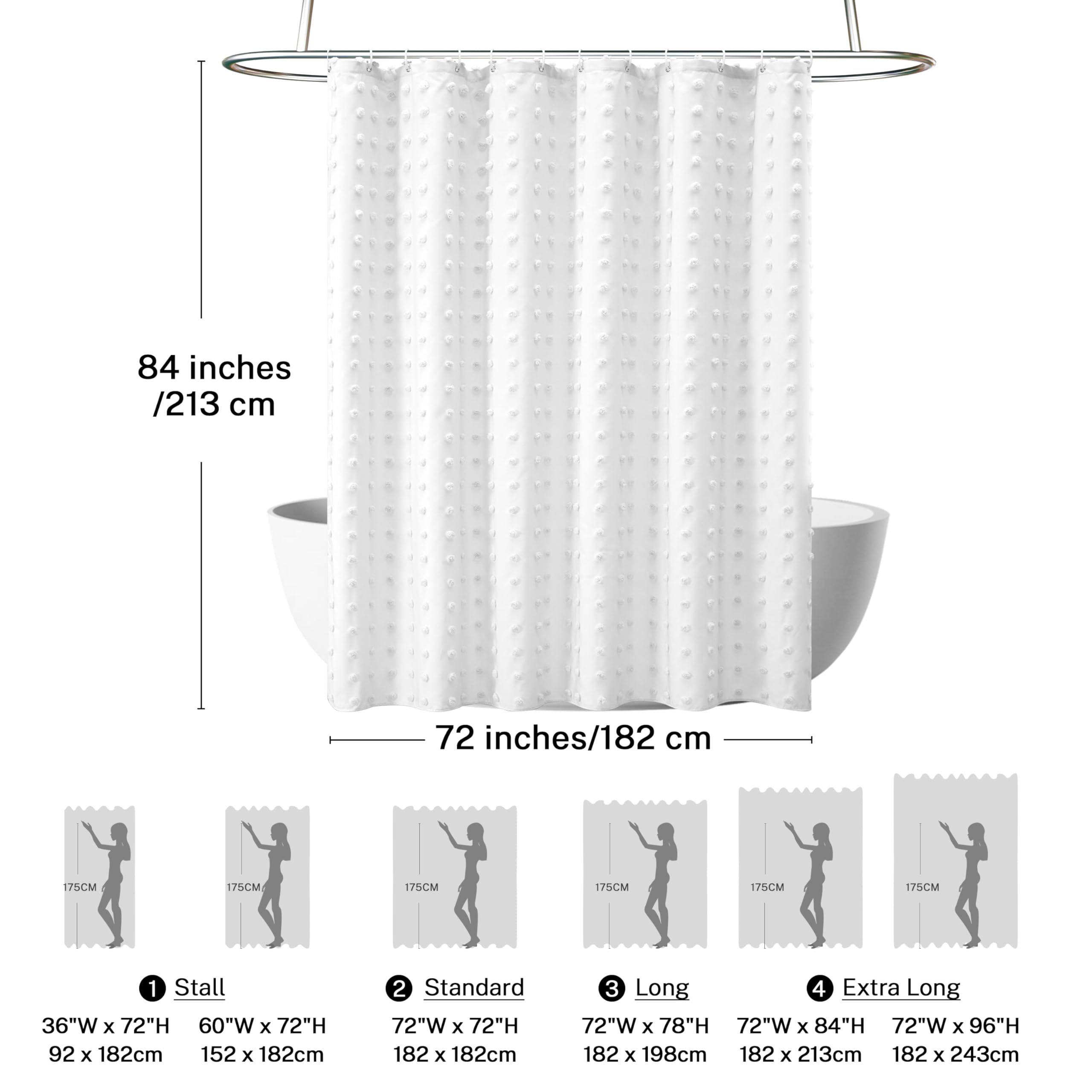 Extra Long Boho Farmhouse Shower Curtain Woven Fabric 84 Inch White Shower Curtain, 72 X 84 Tufted Pleat Floral Puffs Textured M
