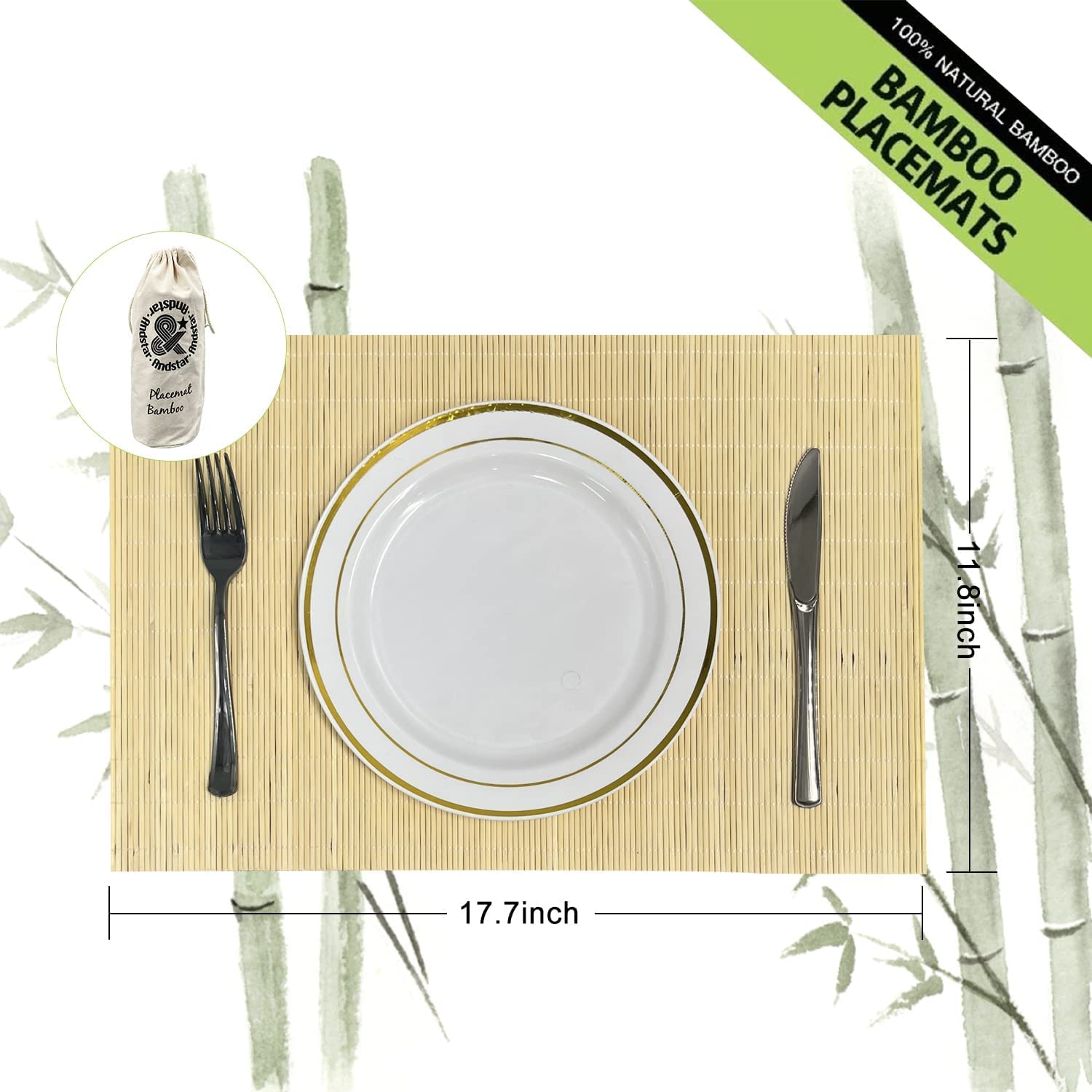 Andstar Set Of 12 Pcs Bamboo Placemats Natural Anti-Slip Bamboo Placemats Washable Heat-Resistant Table Mats For Dining Room And