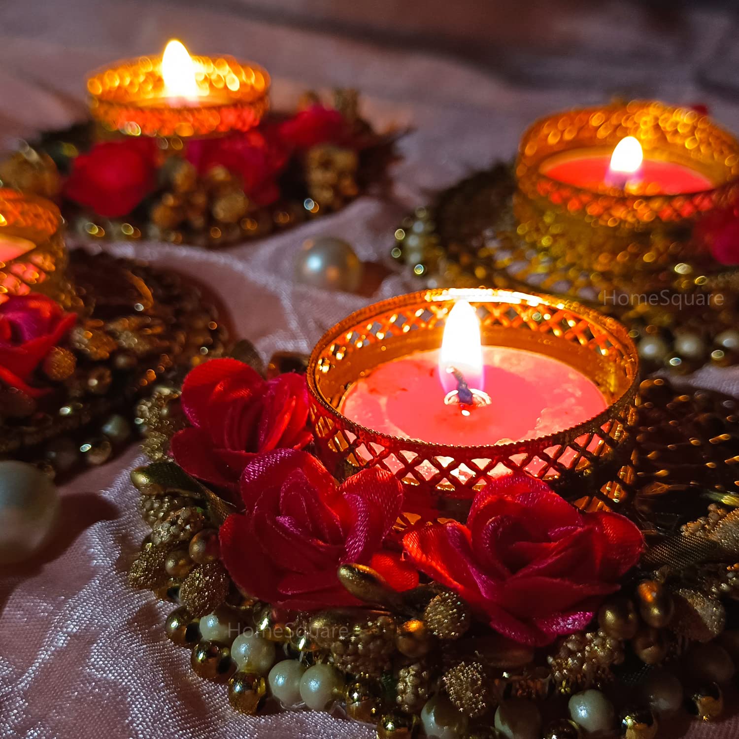 HomeSquare Tealight Holder Decorative Diwali Diya with Artificial Flowers & Tealights (Pack of 4)