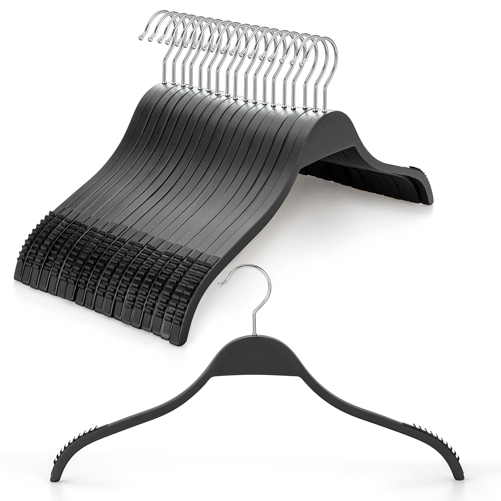 Topia Hanger Slim Wooden Hangers With Extra Soft Non-Slip Rubber Grips, 18-Pack High-Grade Fashion Black Hanger No Shoulder Bump