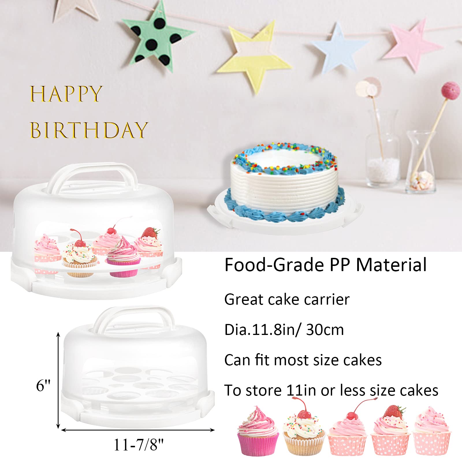 Yesland Cake Carrier With Collapsible Handle - White Cake Container And Holder With Lid - Portable Plastic Round Cake Cover For