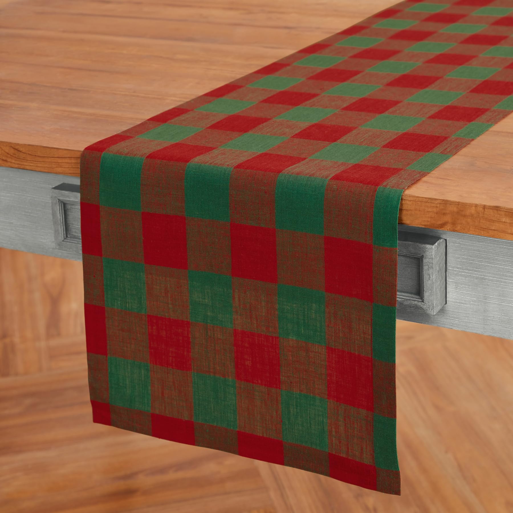 Solino Home Linen Check Table Runner 120 Inches Long - 100% Pure Linen Red And Green Buffalo Plaid Table Runner 14 X 120 Inch -