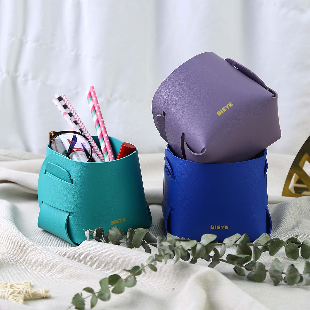 Bieye LSB002 Collapsible Leather Storage Bin Decorative Desk Organizer for Jewelry Makeup Pen Pencil Glasses Remote Controller Storage (Turquoise  4WX4LX4H)