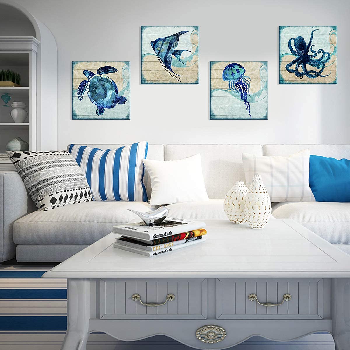 Teal Ocean Animal Bathroom Wall Decor Aqua Blue Octopus Turtle Wall Art Sea Fish Angelfish Canvas Print Mediterranean Style Pain