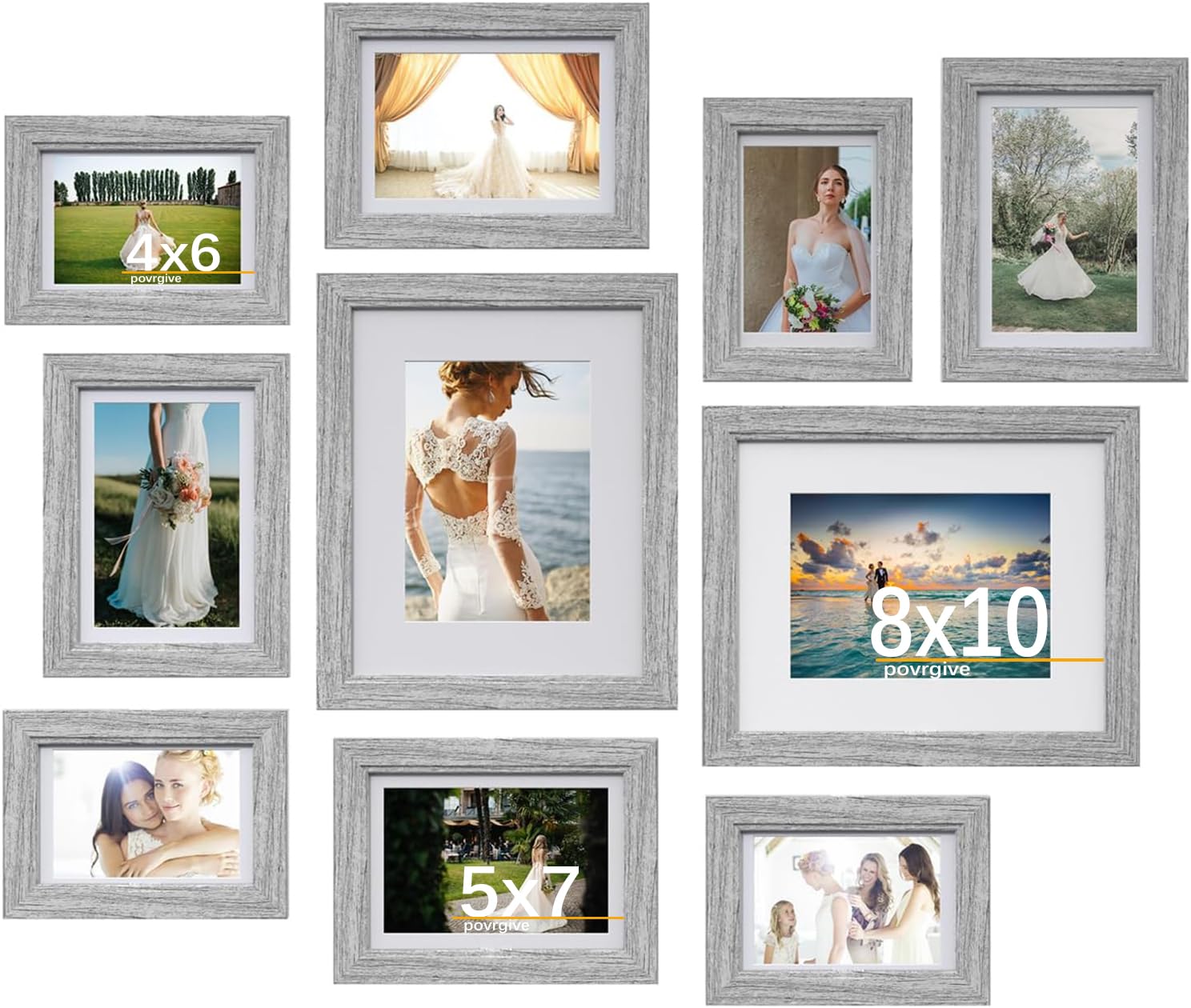 Povrgive Picture Frames Set of 10 Gray Wood Grain, Bulk MDF Frames for 8x10, 5x7, 4x6 Photos Real Glass for Wall or Tabletop