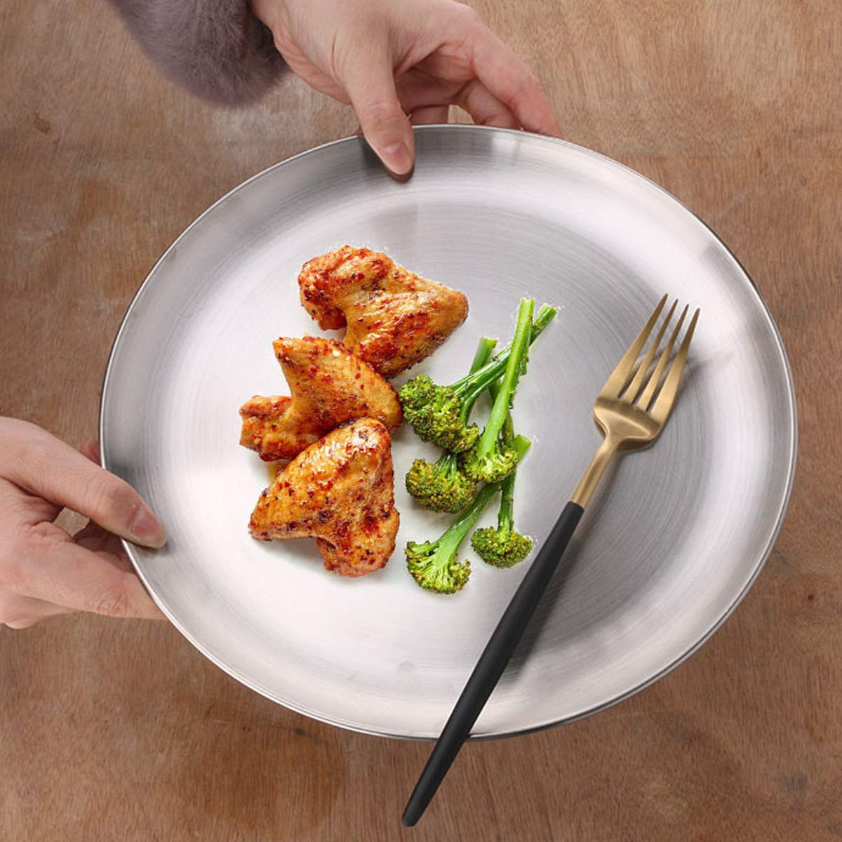 Aiyoo Stainless Steel Plate 2 Set Reusable Round Metal Dinner Plates 12 Inch - Vintage Silver Heavy Duty Kitchenware Dinner Dish