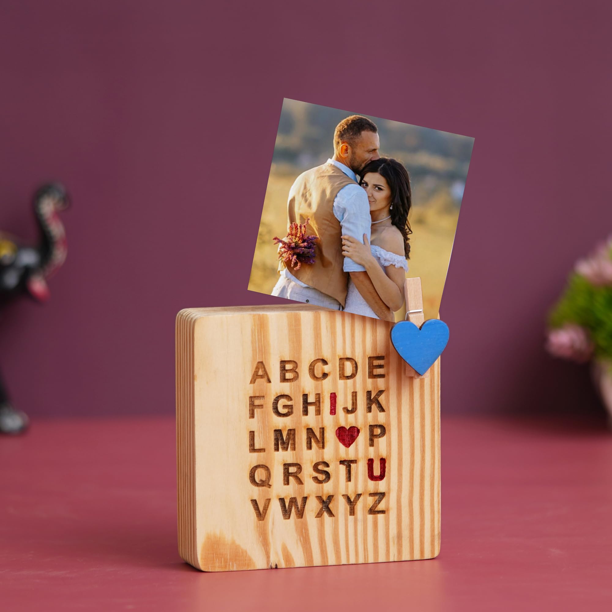 Ecraftindia Light Brown & Blue Heart Alphabet With I Love You Personalized Wooden Photo Frame Showpiece- Valentine Day Gift For 