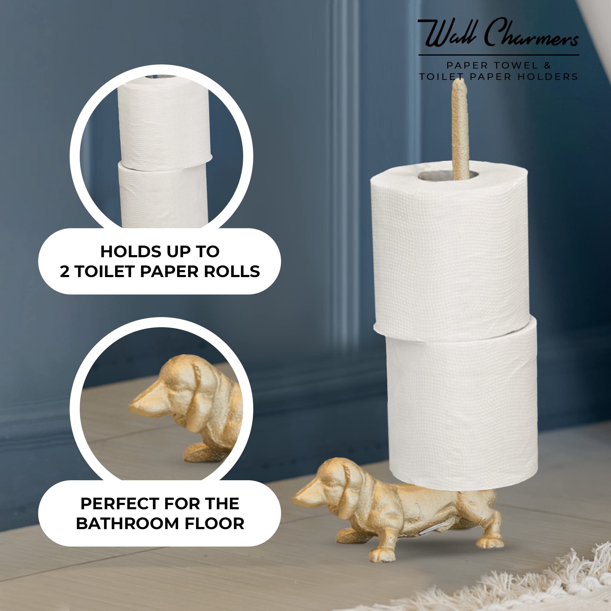 Wallcharmers Gold Paper Towel Holder, Metal Toilet Or Kitchen Paper Holder For Floor Or Countertop, Gold Dog