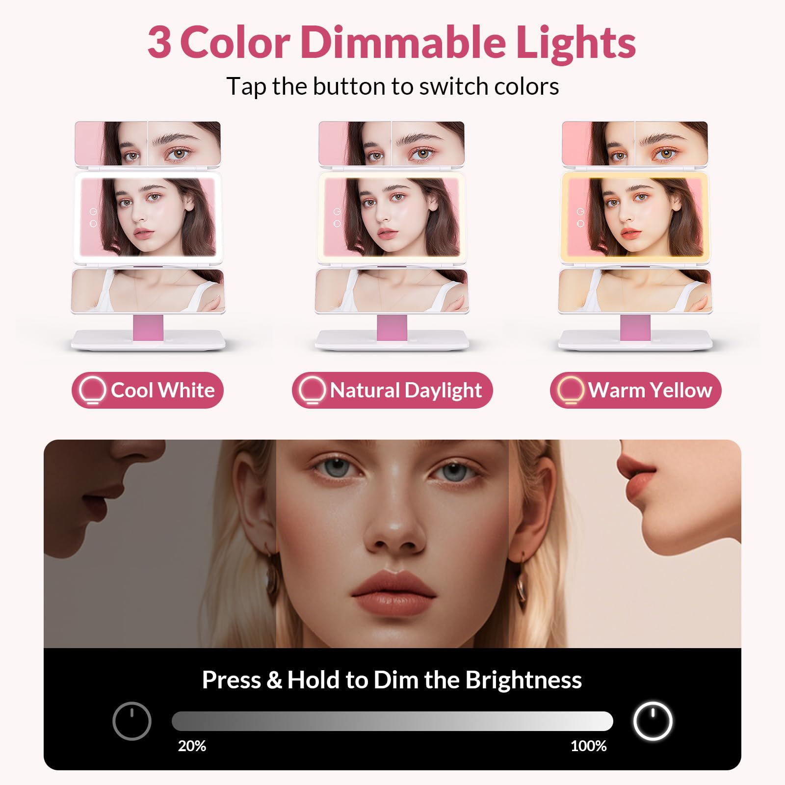 EASEHOLD Foldable Tri-Fold Lighted Makeup Vanity Mirror with 60 LED Lights, 1X/2X/3X Magnification, Touch Control Dimming, 3000m