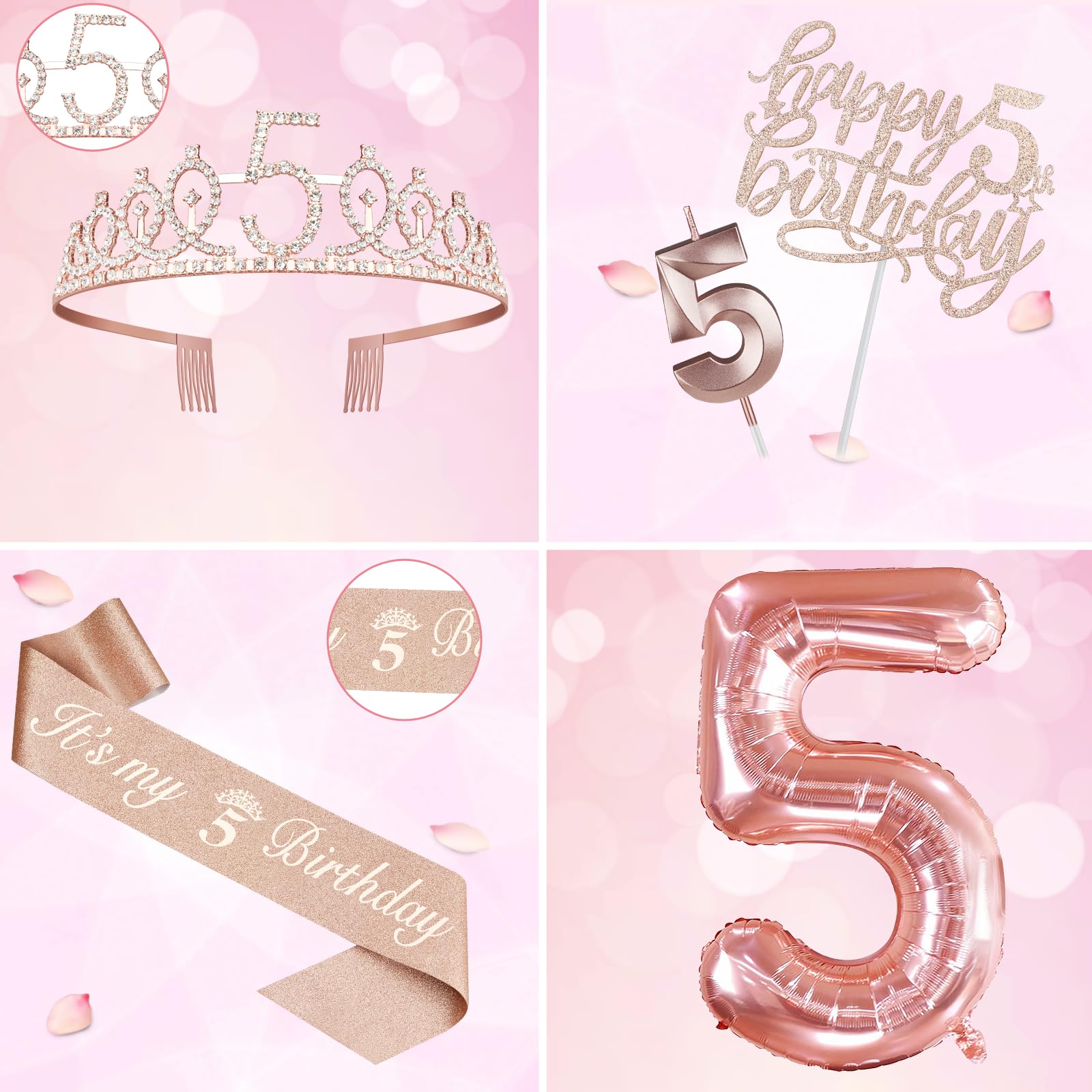 5Th Birthday Decorations For Girls, Including 5Th Birthday Sash And Tiara, 5 Candles And Cake Toppers, Rose Gold Balloons And 3D