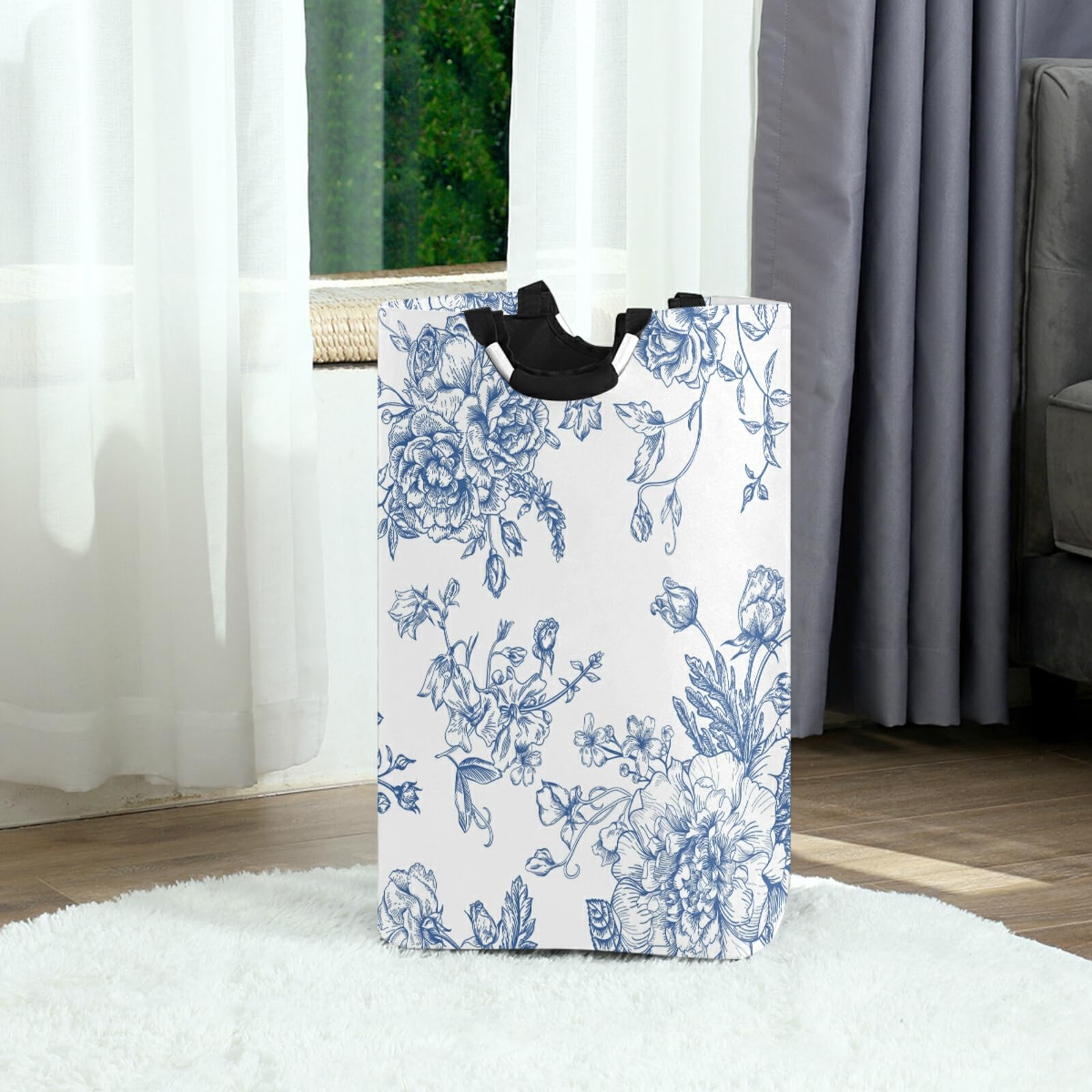 AGONA Blue Flowers Laundry Basket with Handles Large Storage Bin Collapsible Fabric Laundry Hamper Foldable Laundry Bag for Dirt