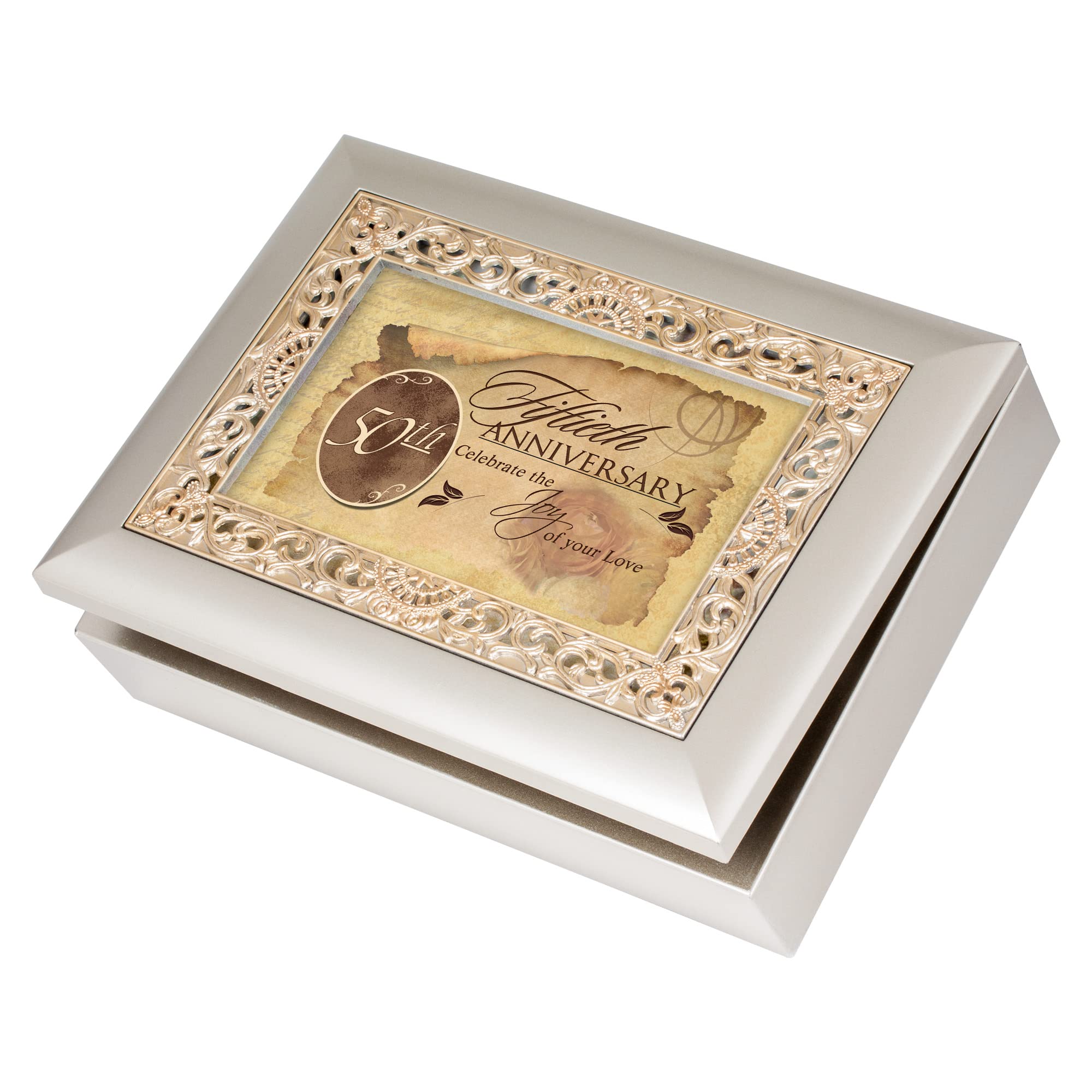Cottage Garden 50th Anniversary Silvertone Gold Ornate Inlay Jewelry Music Box Plays Unchained Melody
