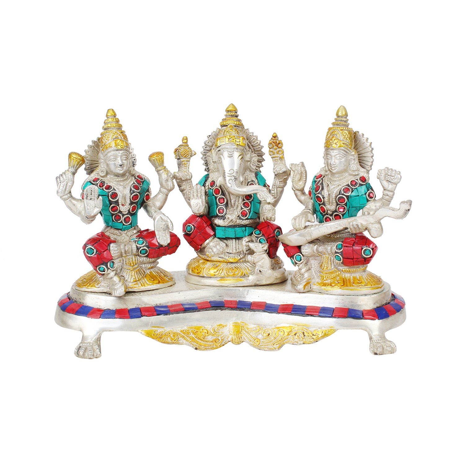 Kartique Brass Laxmi Ganesh Saraswati Idol | Ganesha Statue | Ganpati Murti | For Home Decor | Gift | (Siver And Gold Color With