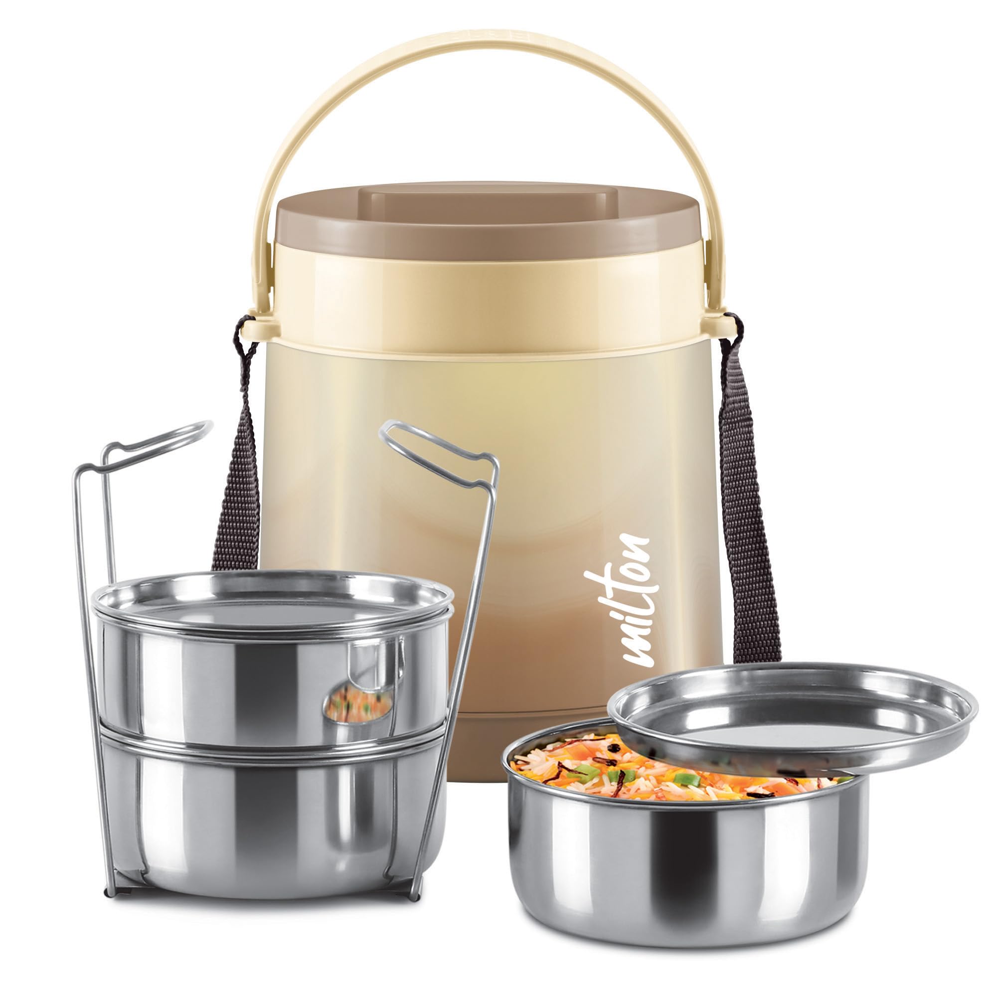 Milton Gradient Tiffin 3 Stainless Steel Tiffin With Lifter, 3 Container, 900 Ml, Brown | Pu Insulated | Food Grade | Easy To Ca