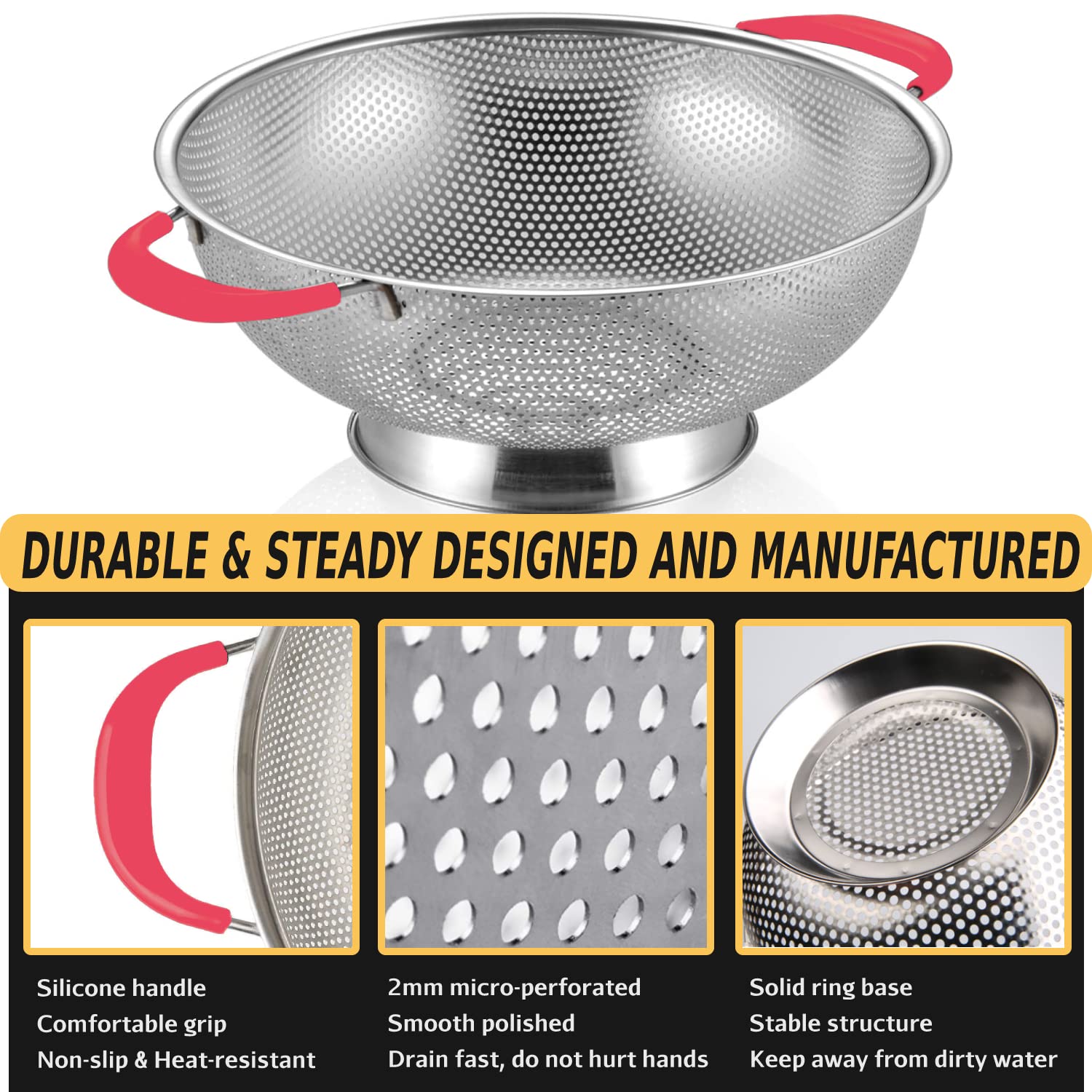 5-Quart Colander 18/8 Stainless Steel Colander Silicone Handle Large Heavy Duty Professional Kitchen Strainer Great For Pasta, B