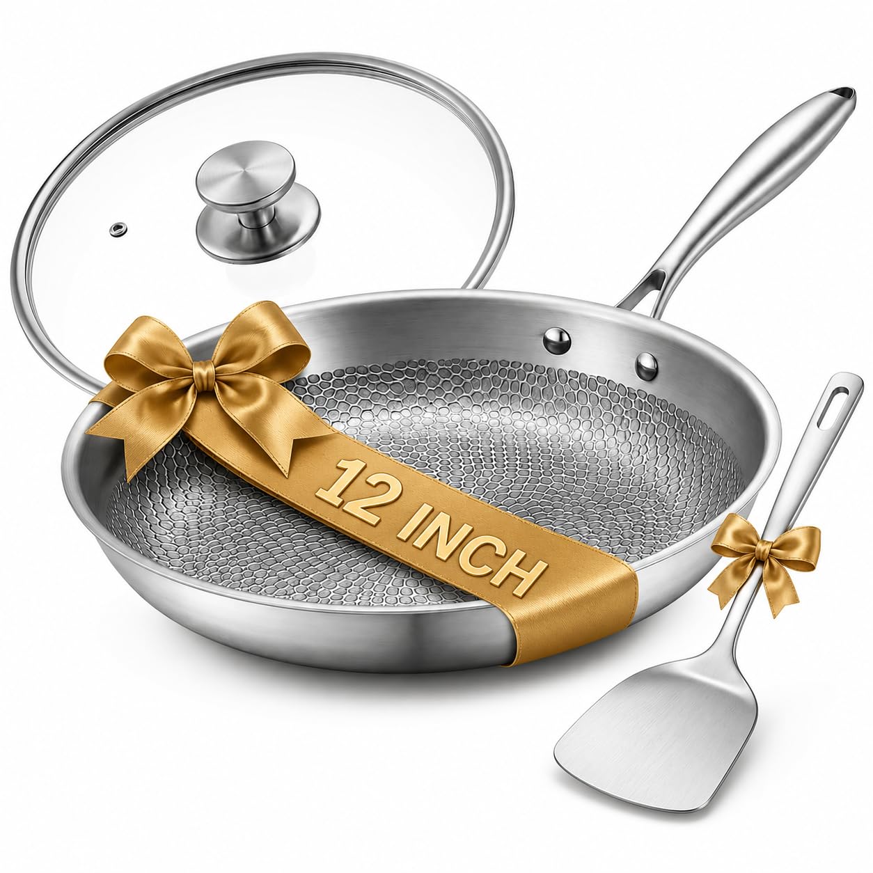 Voivey Titanium Pans for Cooking, 12 Inch Titanium Frying Pan with Lid and Spatula, PFAS/PFOA/PTFEFree Non Stick Cookware, Hamm
