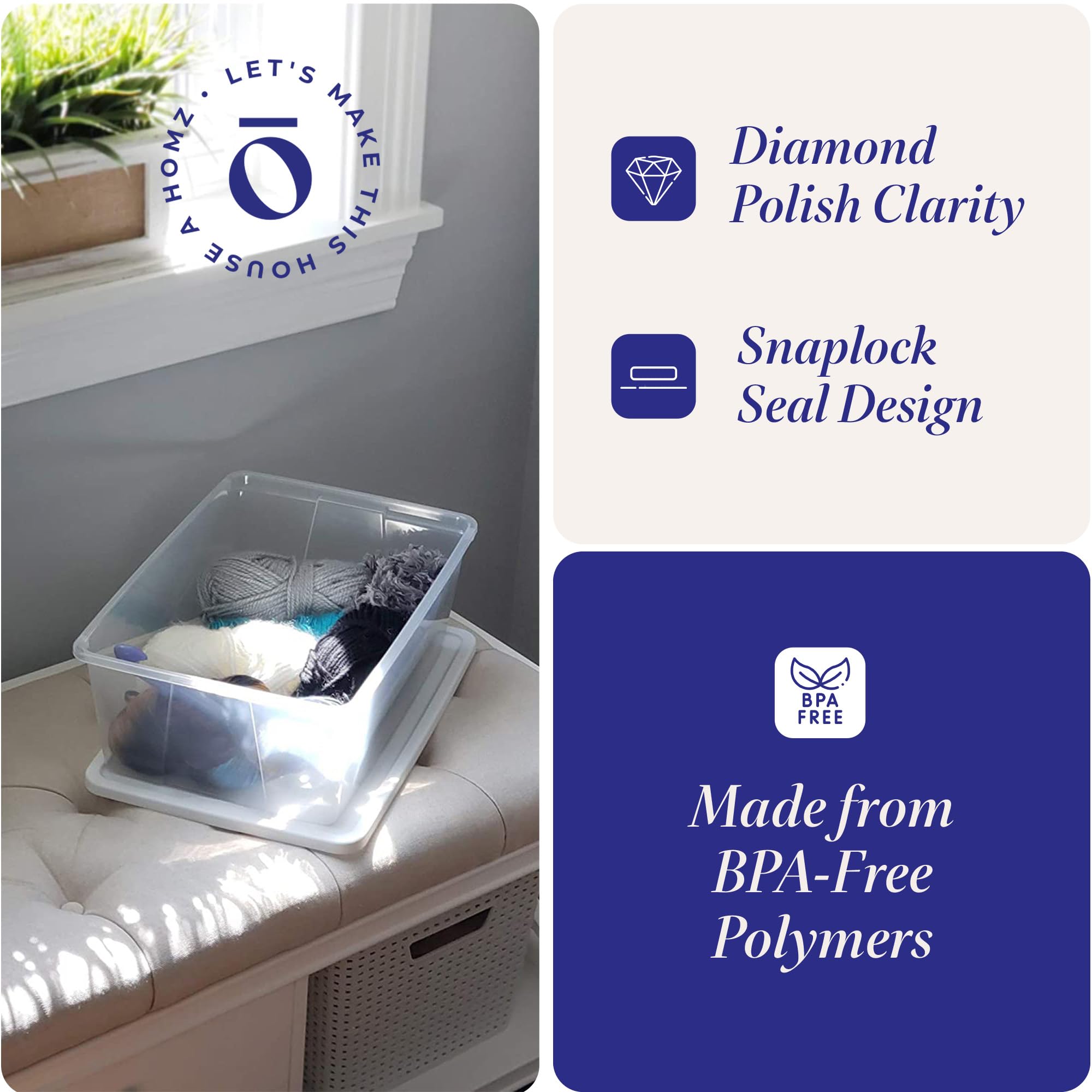 Homz 4 Pack Storage Bins, Clear Plastic Organizing Containers W/White Lids, 12 Quart