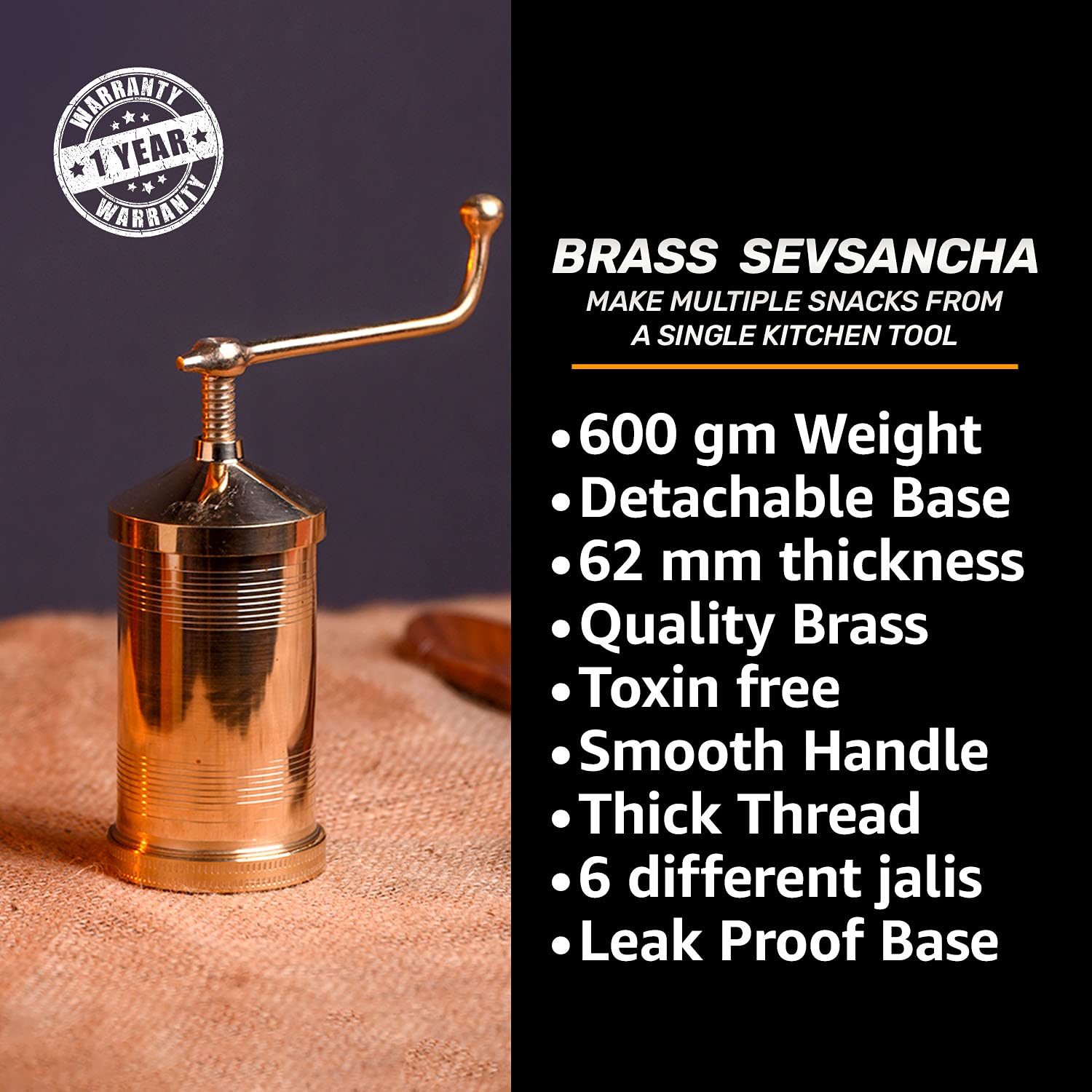 MANNAR CRAFT Brass Indian Made Sevanazhi Chakli Press/Sancha/Murukku/Gathiya/janthikulu/Idiyappam Maker Machine with Free 6 Diff