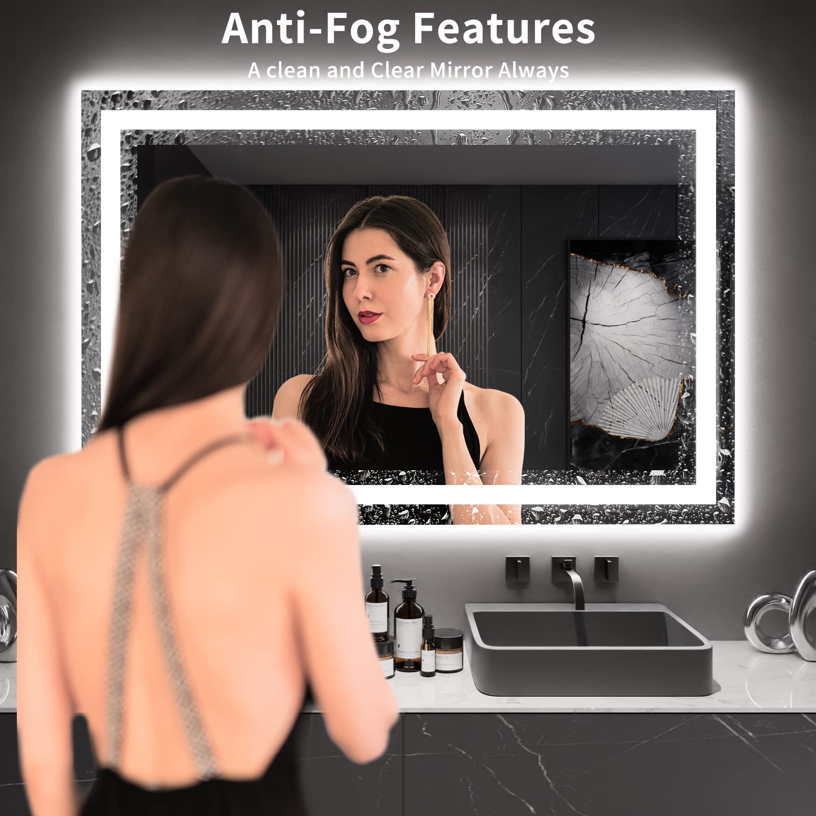 Loaao 60X40 Led Bathroom Mirror With Lights, Anti-Fog, Dimmable, Backlit + Front Lit, Lighted Bathroom Vanity Mirror For Wall, M