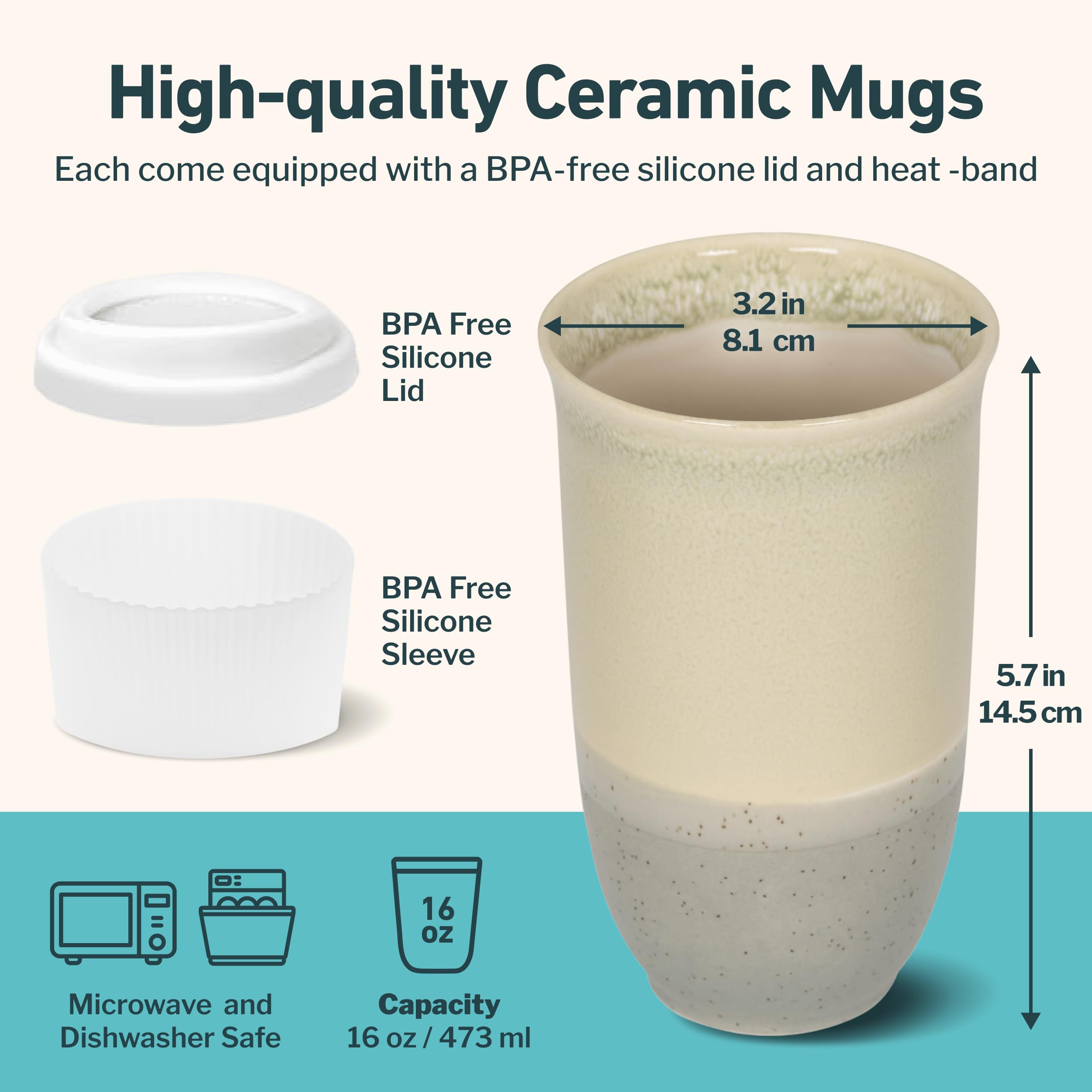 NOVA CERAMICS Travel Mug - Ceramic Coffee Mug With Lid - Microwave & Dishwasher Safe Coffee White & Grey Tumbler - Gifts For Wom
