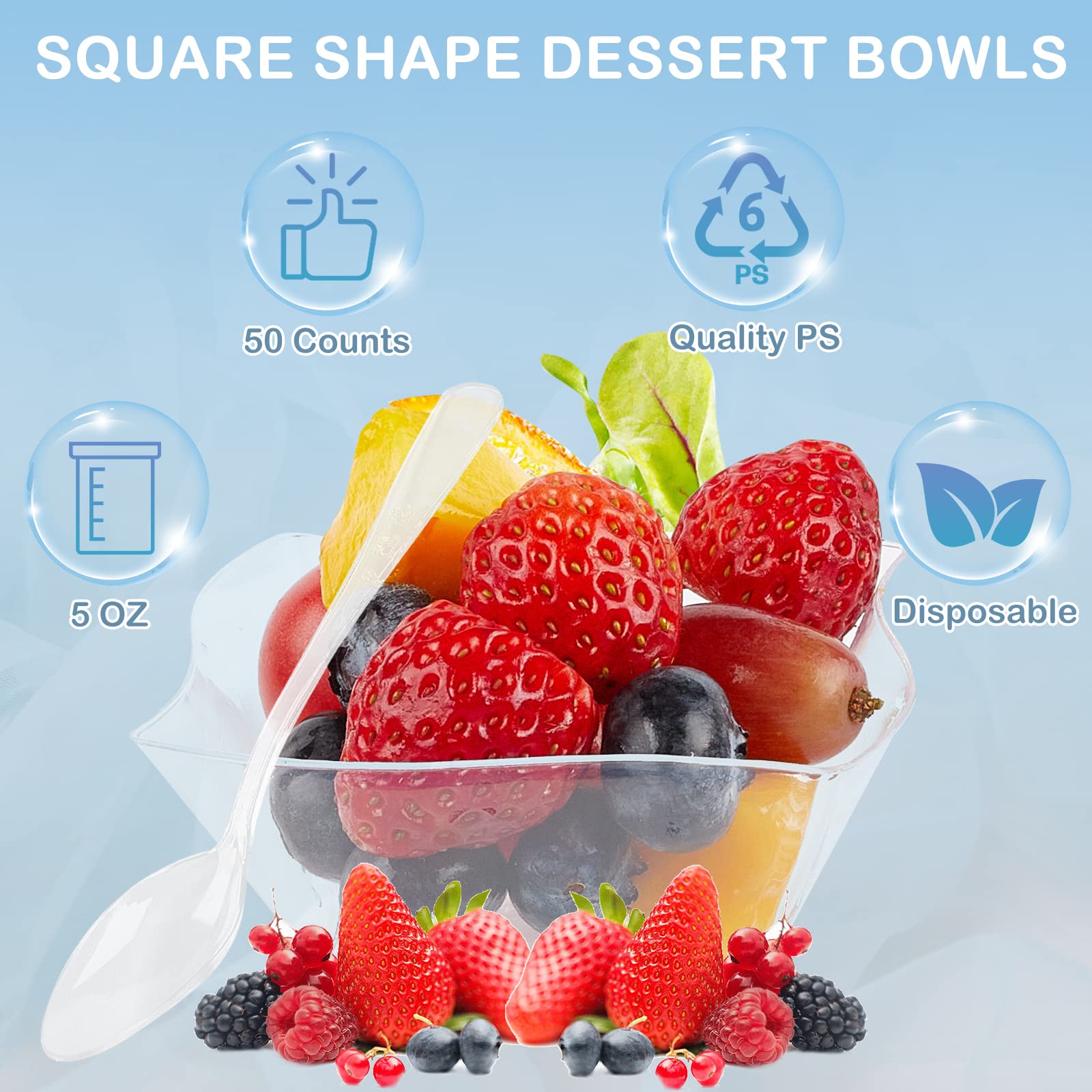 Toflen 50Ct 5 Oz Small Plastic Dessert Cups With Spoons, Clear Appetizer Cups For Parties Mini Serving Bowls, Hors D'Oeuvres Pla