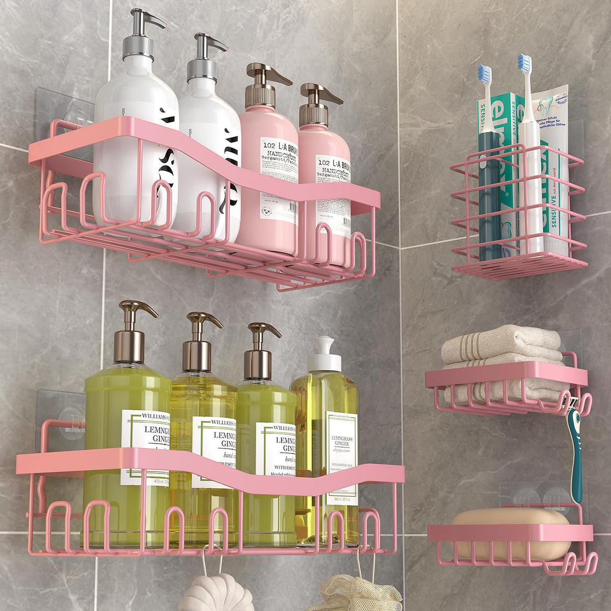 Youvip Pink Shower Caddy, Shower Organizers [5-Pack], Rustproof Bathroom Shower Shelves For Inside Shower, Adhesive Shower Caddy
