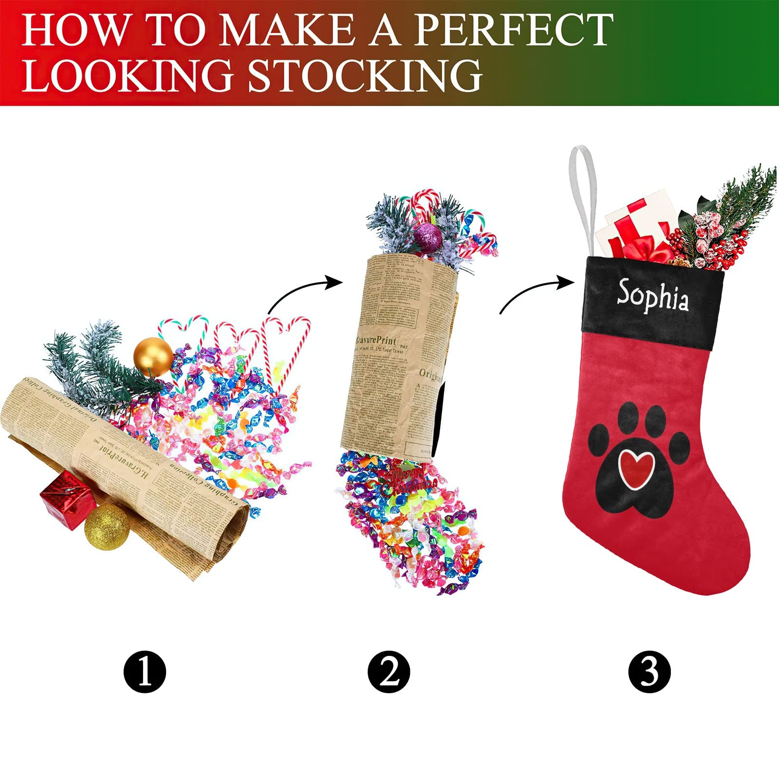 SunFancyCustom Paw Print Red Heart Christmas Stocking with Name Custom Xmas Stockings for Family Wedding Party Decor 17.52 x 7.8